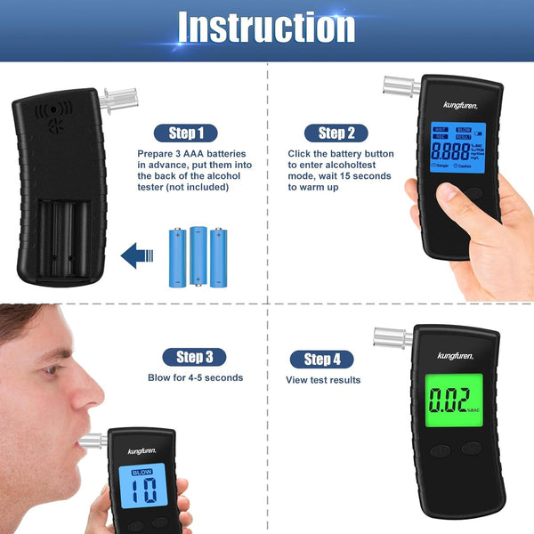 kungfuren Alcohol Breathalyzer Tester Digital Breathalyser - Breath Testers with 11Pcs Mouthpieces for Home Personal Testing - High Accuracy Breathalysers with Digital LCD Screen