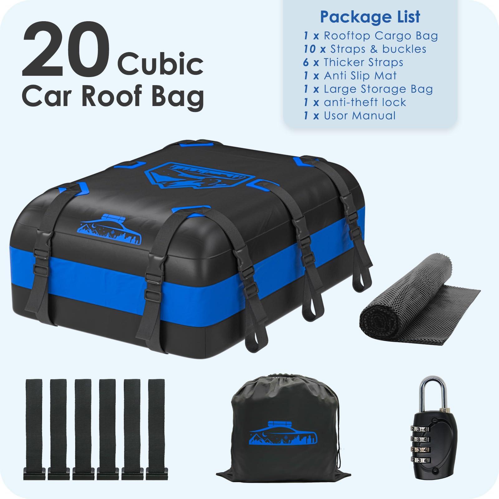 Rymopuey Roof Bag 15 Cubic/425 L, Waterproof Car Roof Bag No Rack Needed, Roof Box with Anti-Slip Mat and 6 Heavy-Duty Straps, Folding Soft Car Roof Box for Cars with/Without Rack (Blue 425 L)