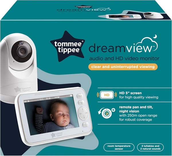 Tommee Tippee Dreamview Audio and HD Baby Monitor, Night Vision, 2-Way Talk Audio, Portable 5 Inch Display Parent Unit with 250m Range, Soothing Sounds, USB Rechargeable