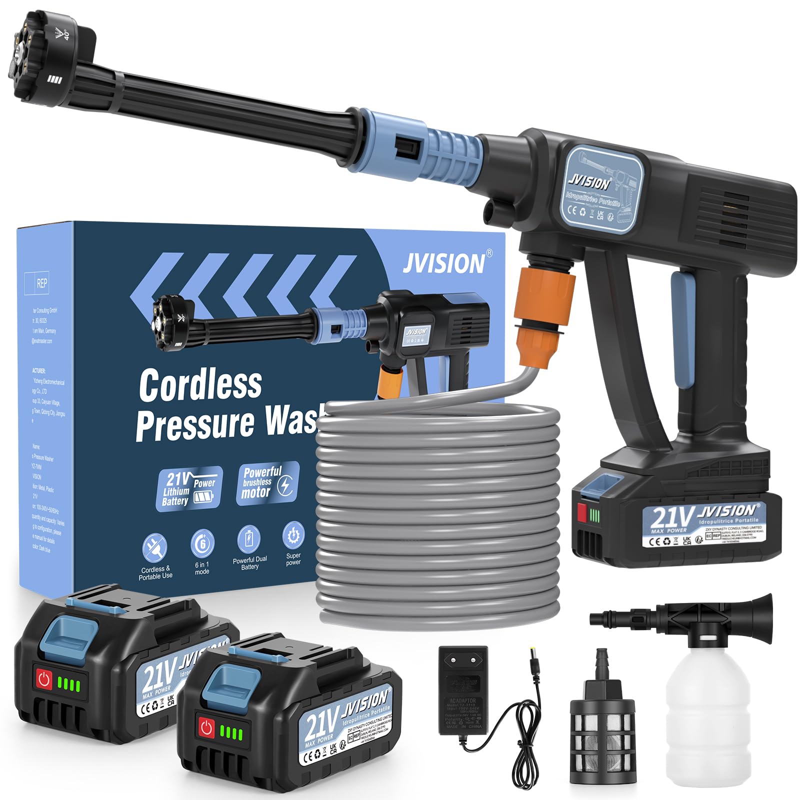 Cordless Pressure Washer, Portable Power Washer for Patio and Car, 6 in 1 Cordless Power Washer with 5M Hose, Battery Jet Washer with 2 Battery, Cordless Jet Washers/Pressure Washers (Black-A)