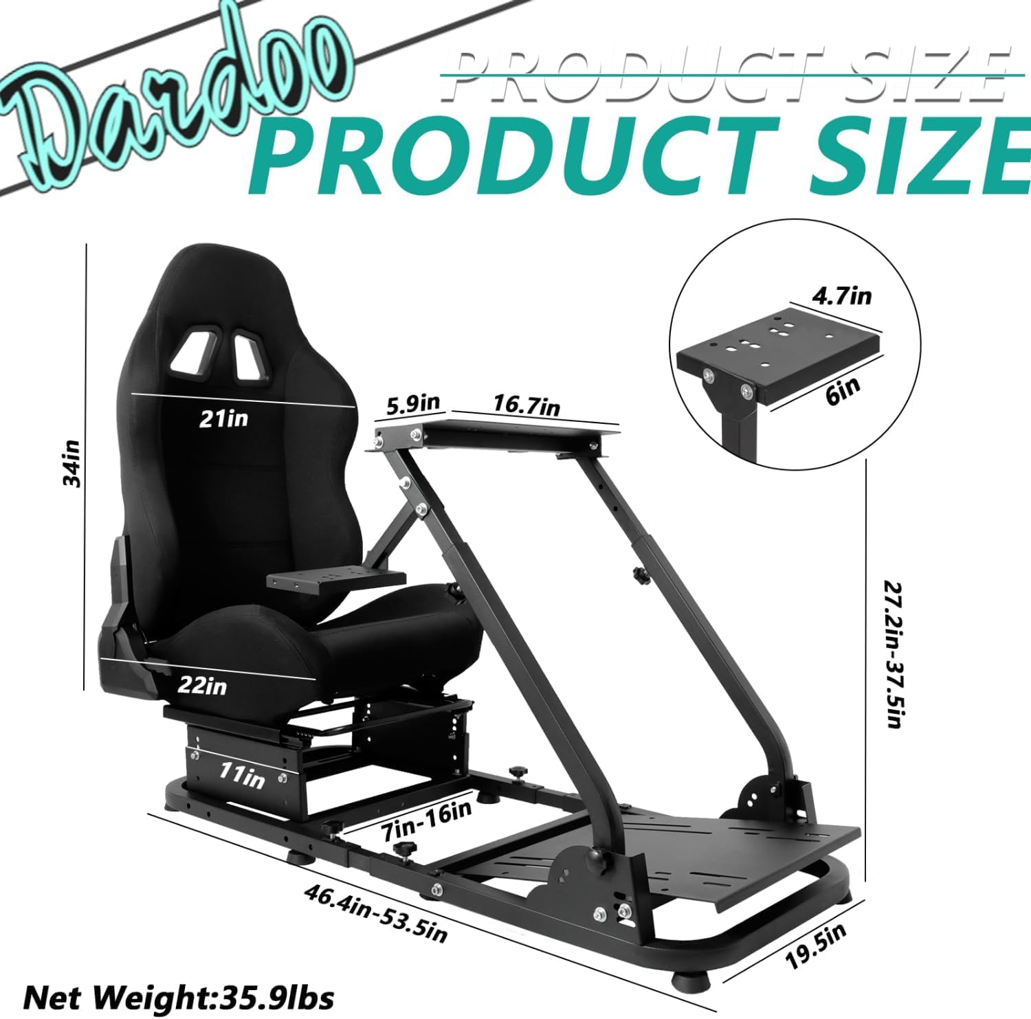 Dardoo Racing Simulator Cockpit with Black Seat Foldable Fit for Logitech Thrustmaster G27 G29 G920 G923 Steering Simulator Stand Adjustable Gaming Frame(Without wheel pedal handbrake shifter)