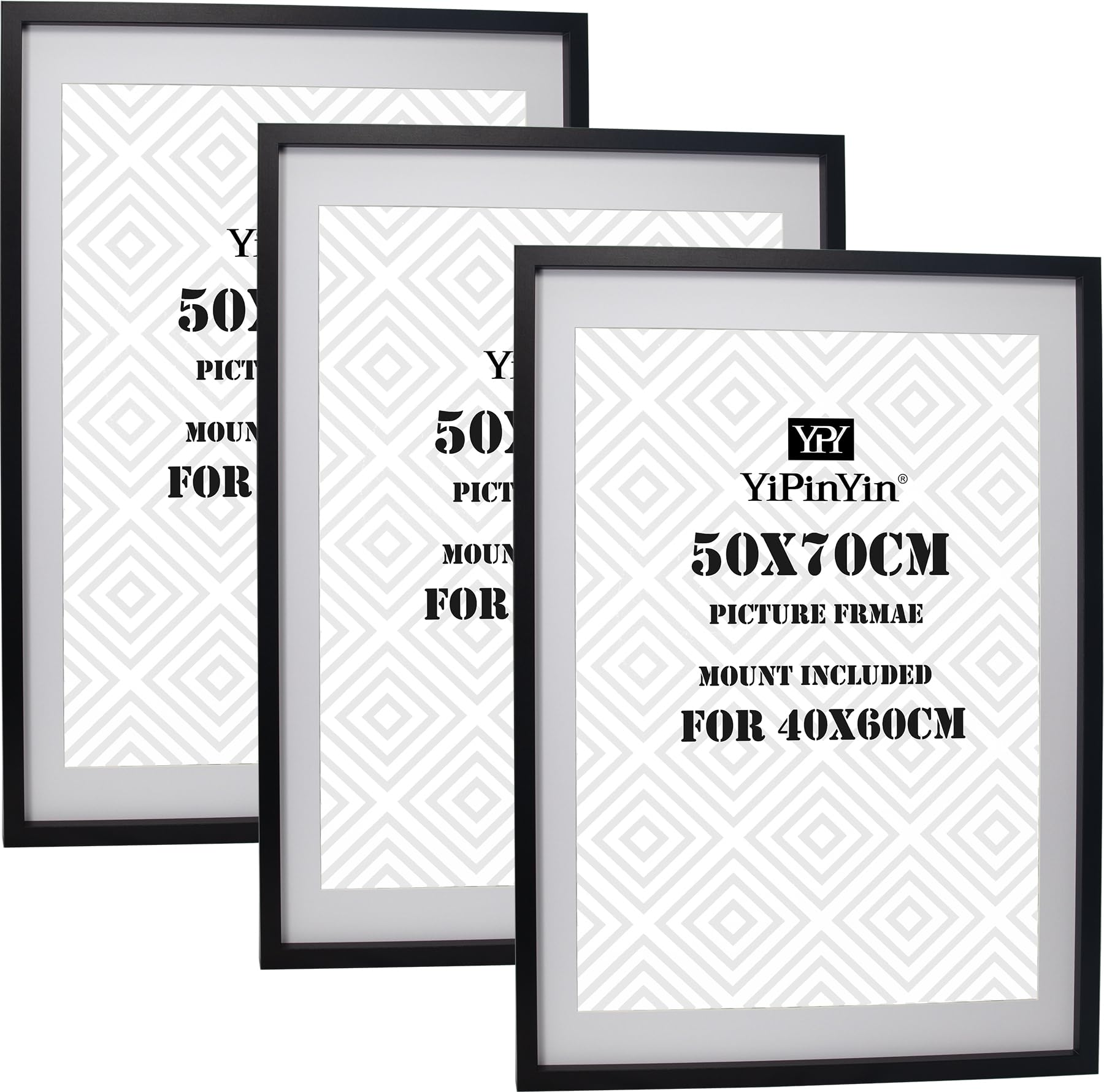 Black 50x70cm Boxed Picture Frames Set of 3 with Mounts for 40x60cm, 70x50cm poster frame with Acid Free mount for 40x60cm photo (Black 3Pack)