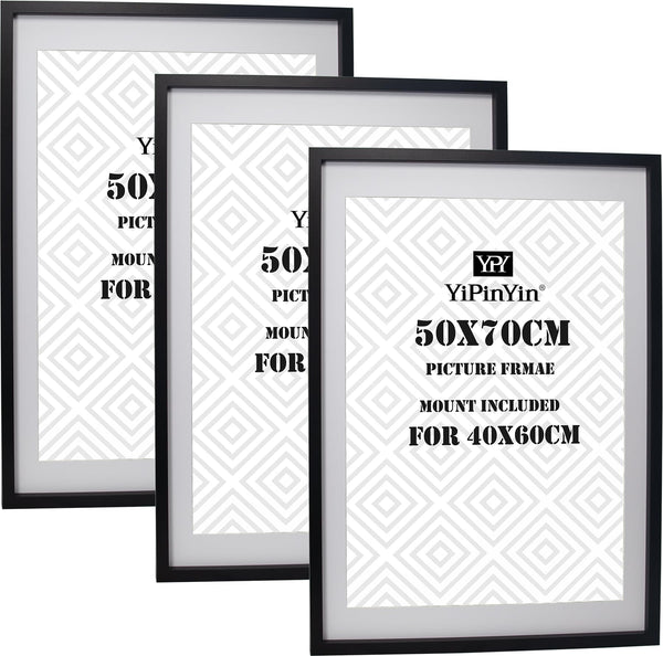 Black 50x70cm Boxed Picture Frames Set of 3 with Mounts for 40x60cm, 70x50cm poster frame with Acid Free mount for 40x60cm photo (Black 3Pack)