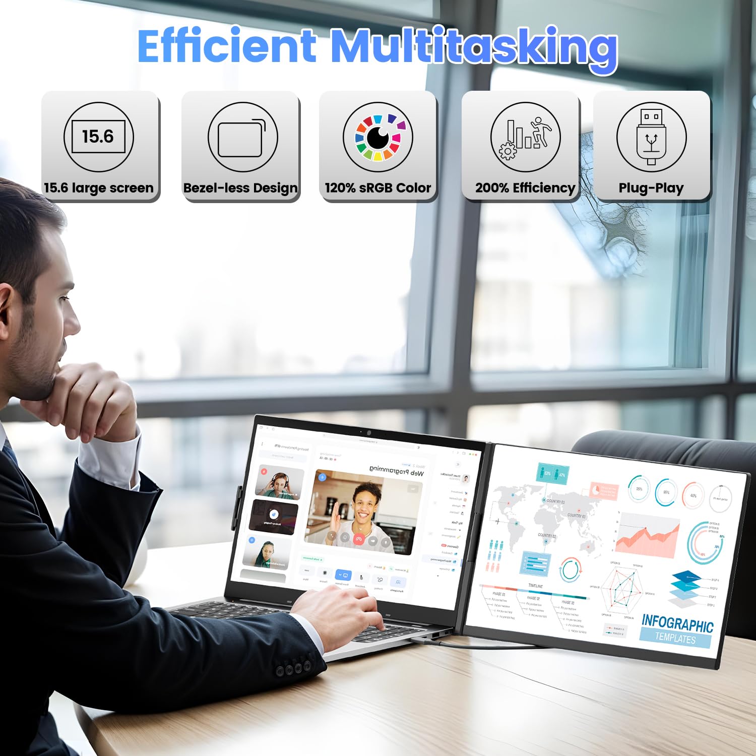 Teamgee 15.6” Laptop Screen Extender, 1080P FHD IPS Portable Monitor Compatible with 13”-17”Laptops, Slim Bezel-less Screen Extender with Detachable, Plug-Play for Mac, Windows, Android & Chrome