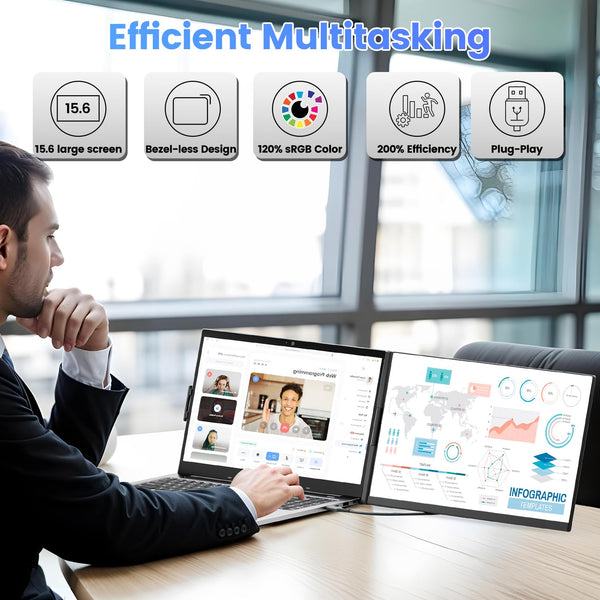 Teamgee 15.6” Laptop Screen Extender, 1080P FHD IPS Portable Monitor Compatible with 13”-17”Laptops, Slim Bezel-less Screen Extender with Detachable, Plug-Play for Mac, Windows, Android & Chrome