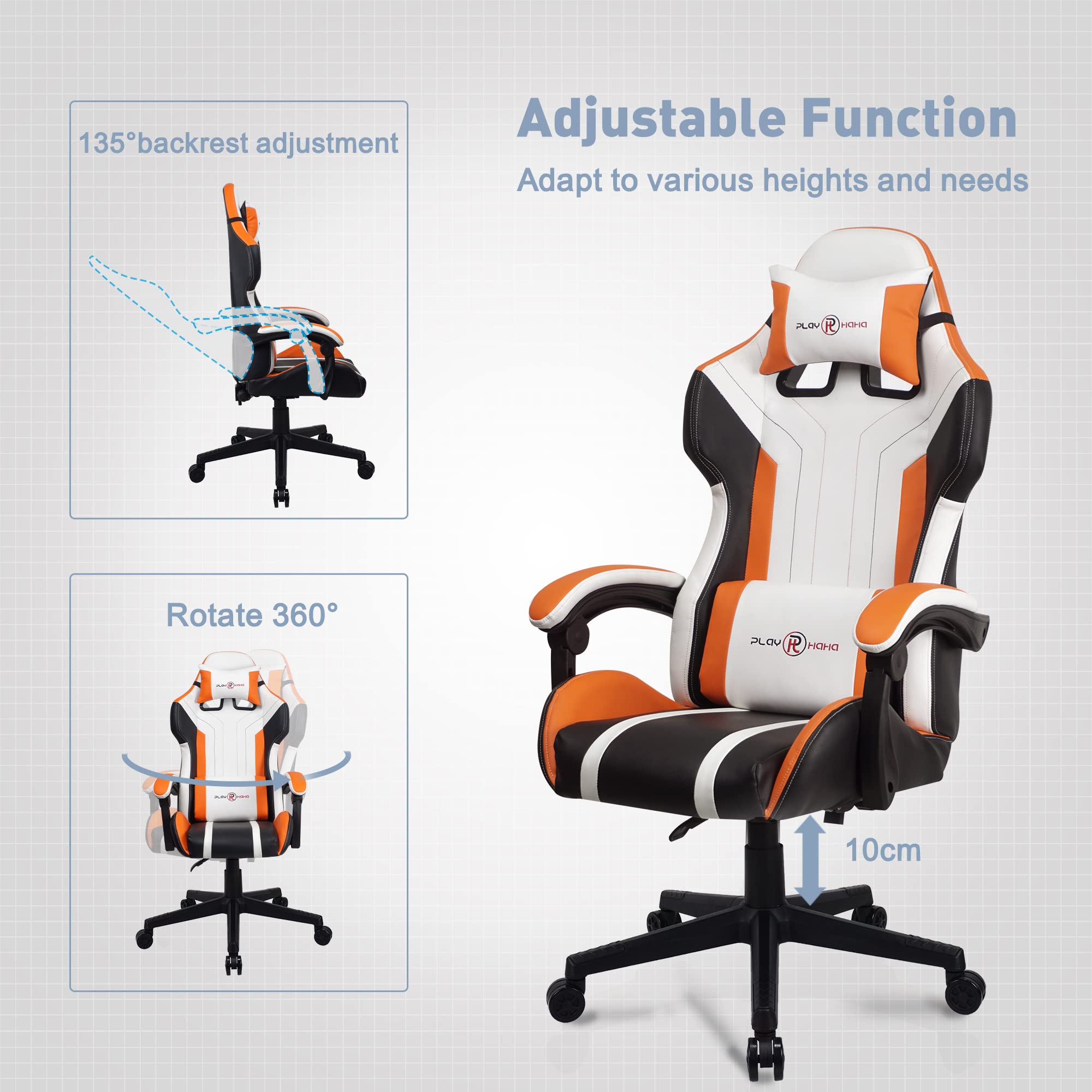 T-THREE.Ergonomic Leather Gaming Chair Height Adjustable with Headrest and Lumbar Support(Orange)