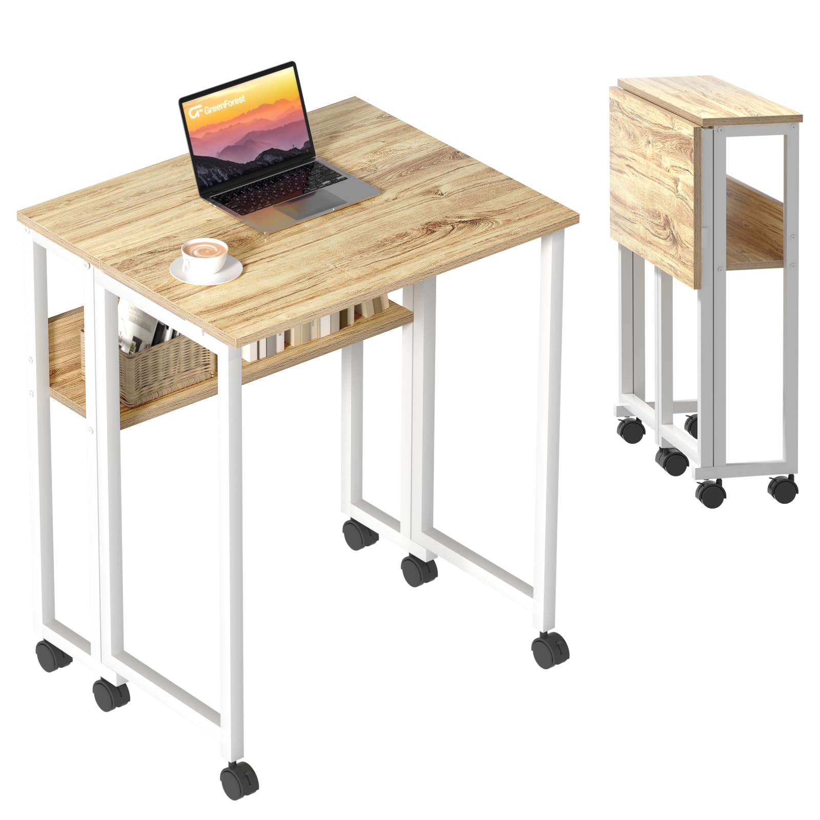 GreenForest Small Folding Desk with Storage Shelf,63 cm Computer Rolling Desk on Wheels Easy Assembly,Foldable desk for Small Space,Oak