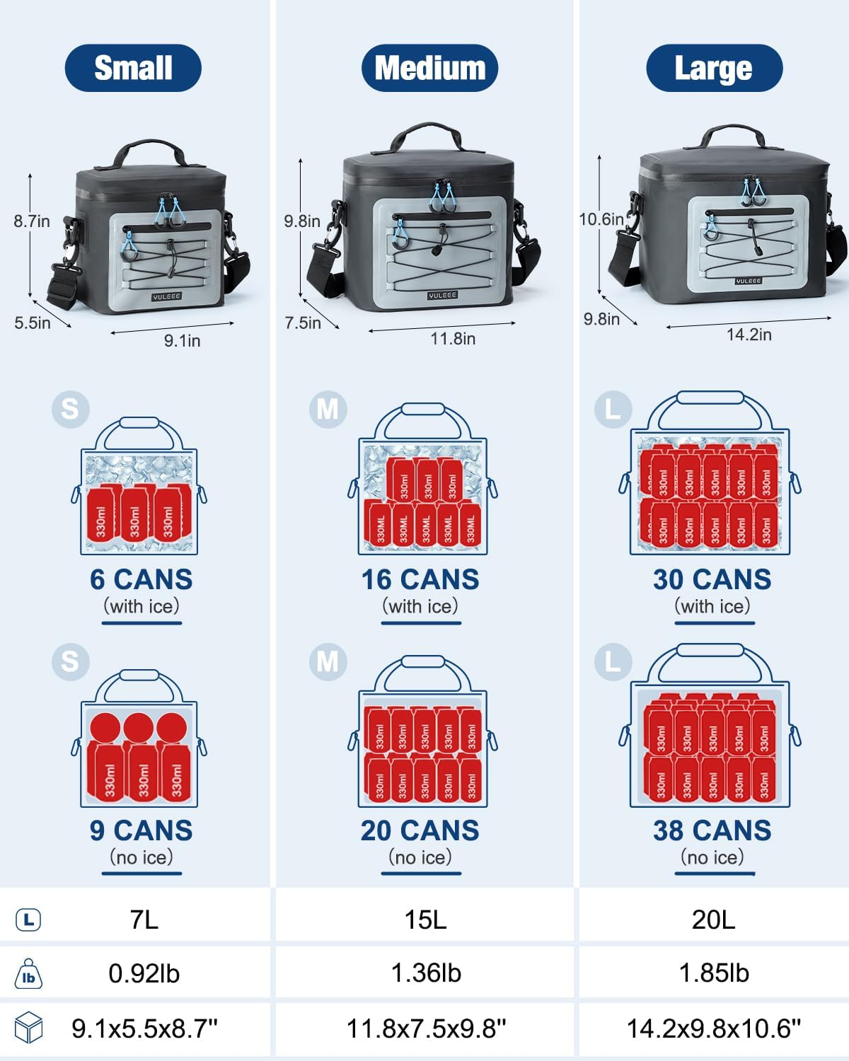 YULEEE 7/15/20L Insulated Cooler Bag - Large Multi-Functional Picnic Lunch Bag for Men & Women,Waterproof Leakproof Perfect for Beach, Family,Travel, Camping, Work,BBQ,and Outdoor Activities
