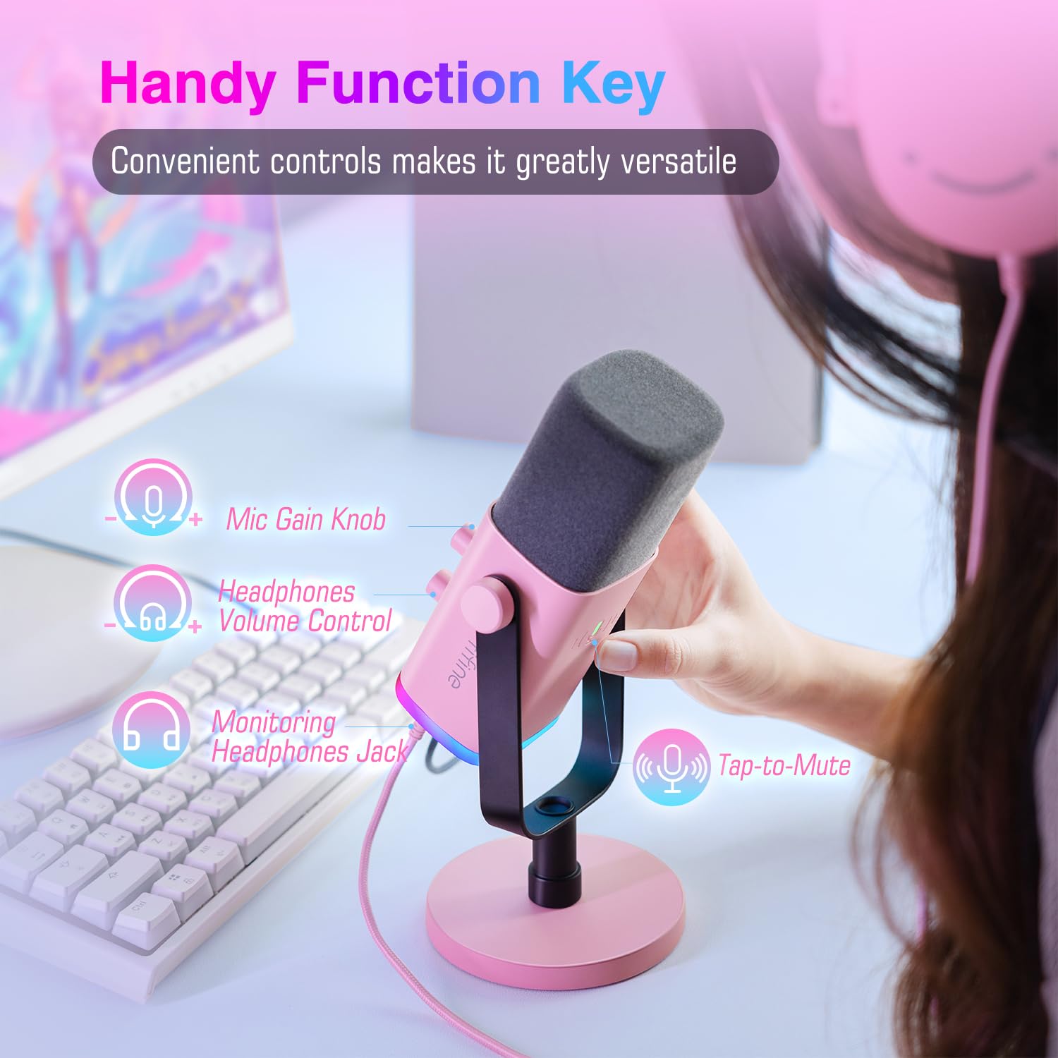 FIFINE XLR/USB Gaming Microphone, Studio Dynamic Streaming Mic, Computer Desktop Stand Microphone for Podcast, VoiceOver, Recording, with RGB, Mute, Monitoring Headphone Jack, Gain Knob, Black-AM8