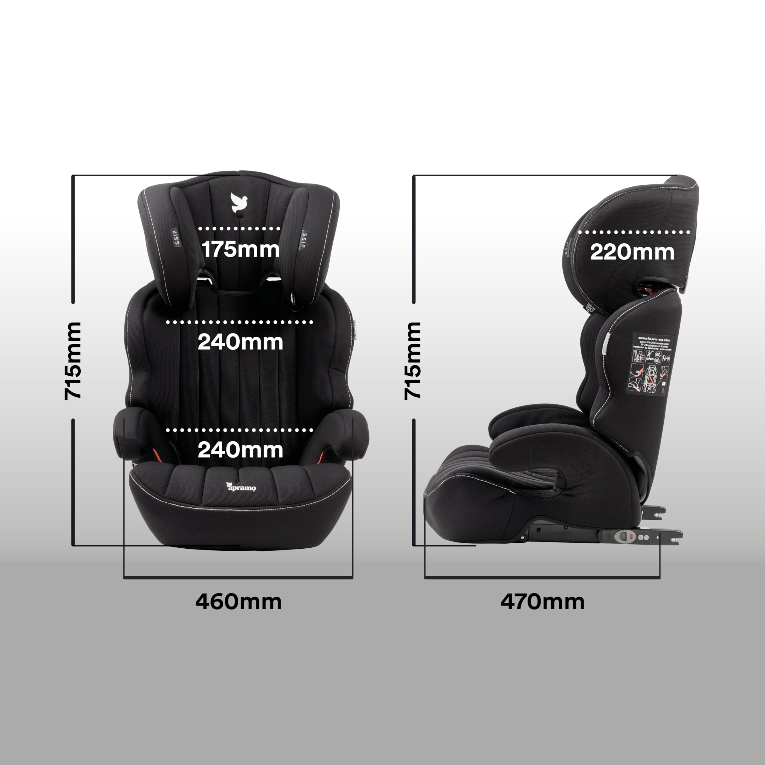 Apramo Child Car Seat, Ostara Fix Auto Eco High Back Child Booster Seat Group 2/3 (15-36 kg, 3 to 12 Years Approx.) with ISOFIX (Black Platinum)