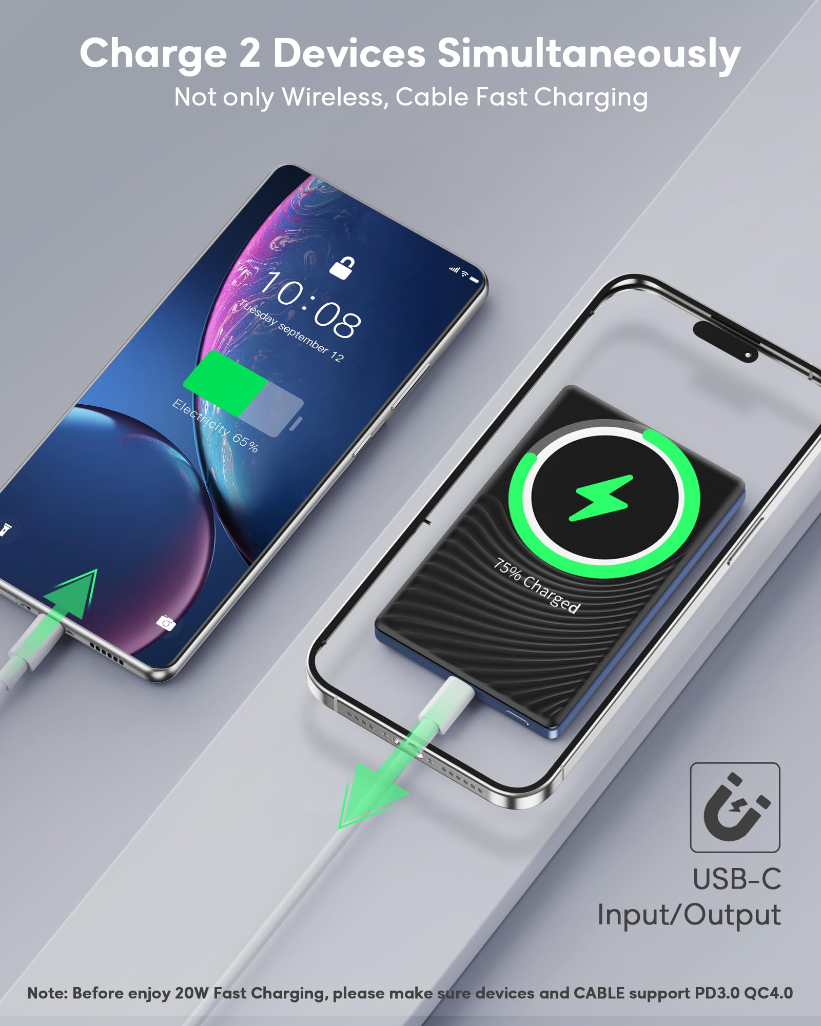 2025 Ultra Slim Power bank iPhone for Magsafe, 20W Super Fast Charging Powerbank Wireless Magnetic Portable Charger,USB C in&Out PD 3.0 Phone Battery Pack for i-Phone 16/15/14/13/12 Mini Plus Pro Max