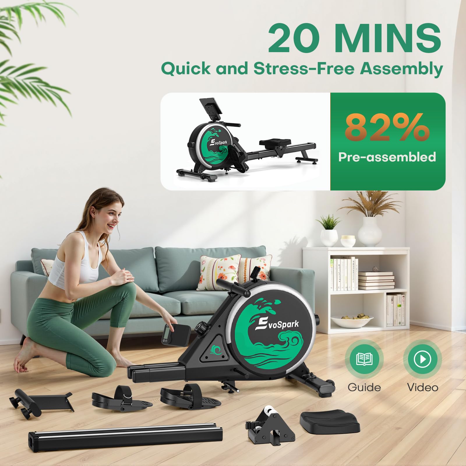 Rowing Machine for Home Gym, EvoSpark Magnetic Rowing Machines 350 LB Weight Capacity - Foldable Rower for Home Use with App Supported, Upgrade to Double Slide Rail
