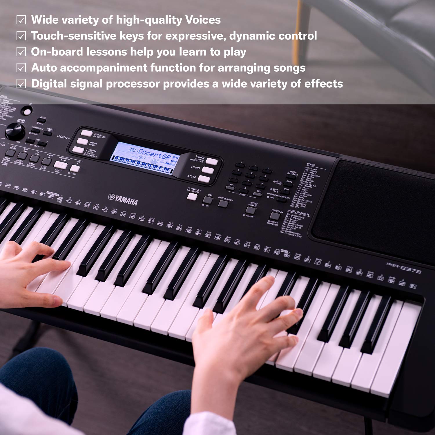 Yamaha PSR-E383 Portable Keyboard for Beginners, 650 Authentic Instrument Voices and Touch-Sensitive Keys with 48-Note Polyphony, Includes 2 Online Lessons with Yamaha Music School Teacher