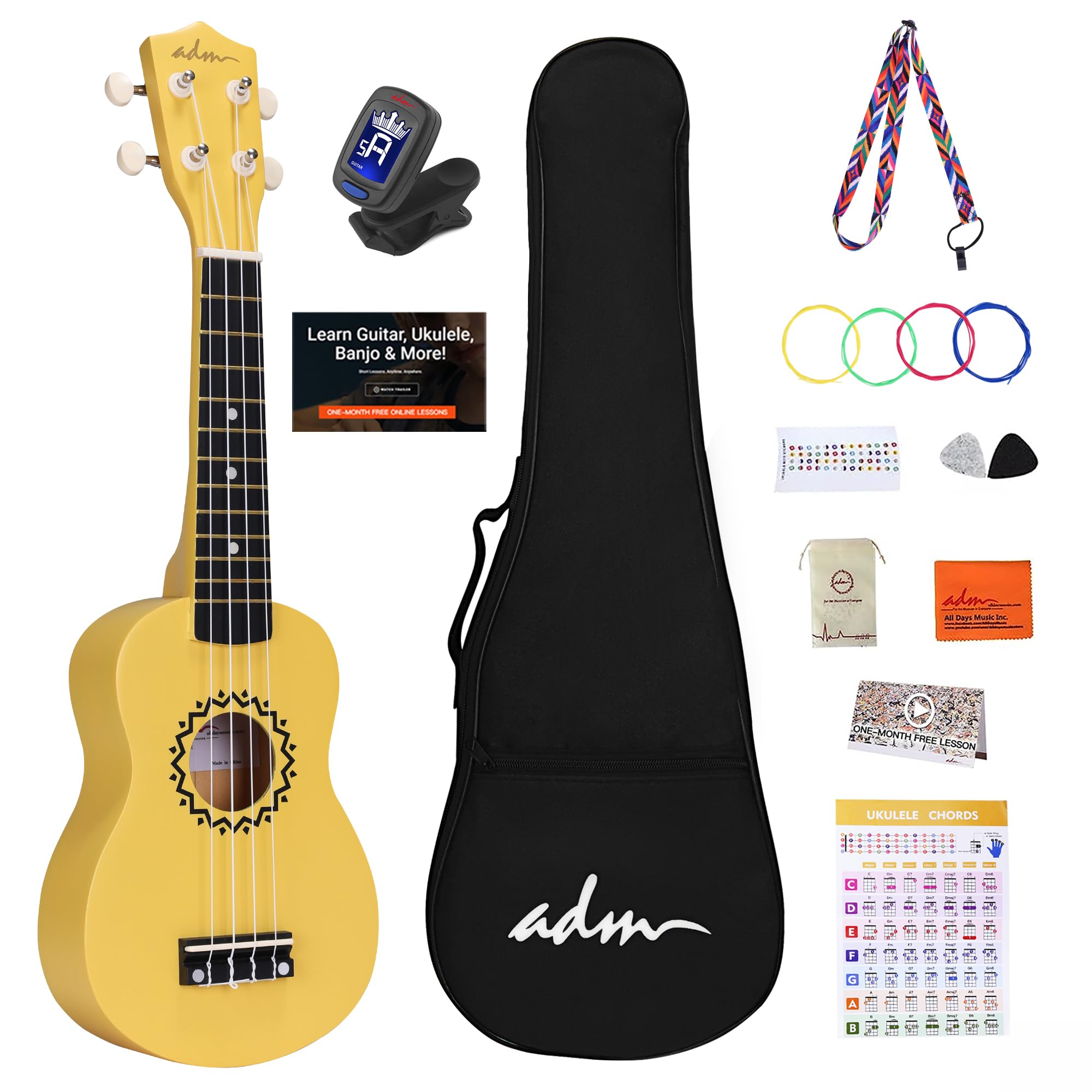 ADM Soprano Ukulele Set for Kids and Beginners, Ukulele Starter Kit with Bag, Clip-On Tuner, Rainbow Strings, Colourful Strap, Plectrum, Fingerboard Sticker, Chord Card (Dark Blue)