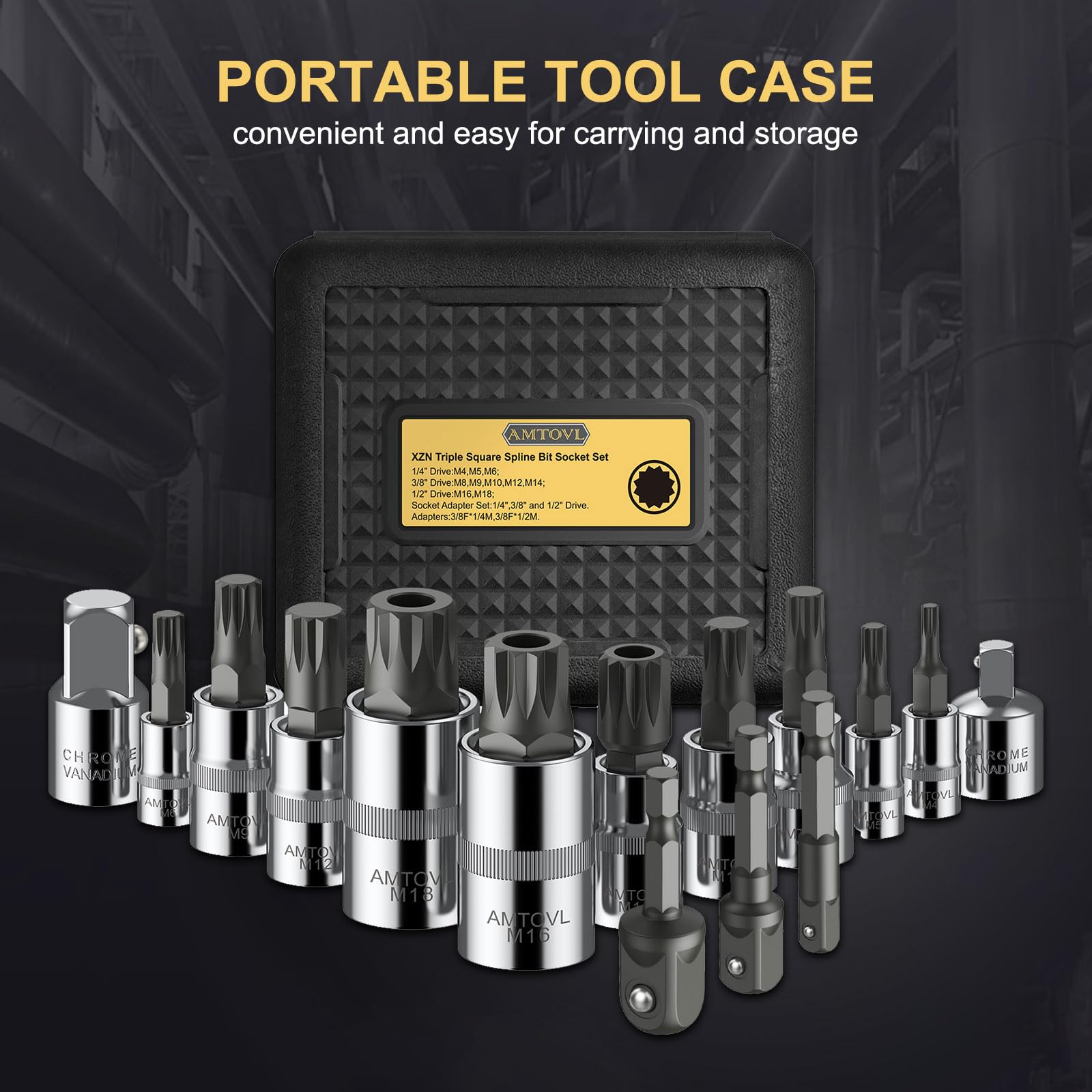AMTOVL 15-Piece Triple Square Spline Bit Socket Set - S2 Alloy Steel & 50BV30 CRV XZN Bits - Includes 1/4", 3/8", 1/2" Drive Sizes (4,5,6,8,9,10,16,18mm) with Adapter - Fit for Automotive & DIY