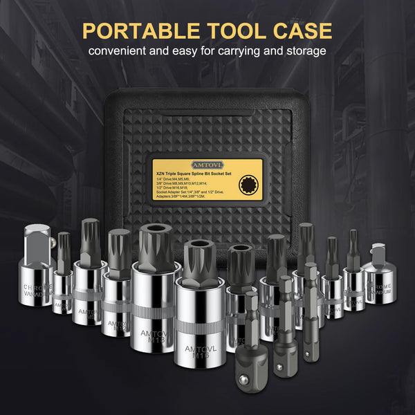 AMTOVL 15-Piece Triple Square Spline Bit Socket Set - S2 Alloy Steel & 50BV30 CRV XZN Bits - Includes 1/4", 3/8", 1/2" Drive Sizes (4,5,6,8,9,10,16,18mm) with Adapter - Fit for Automotive & DIY