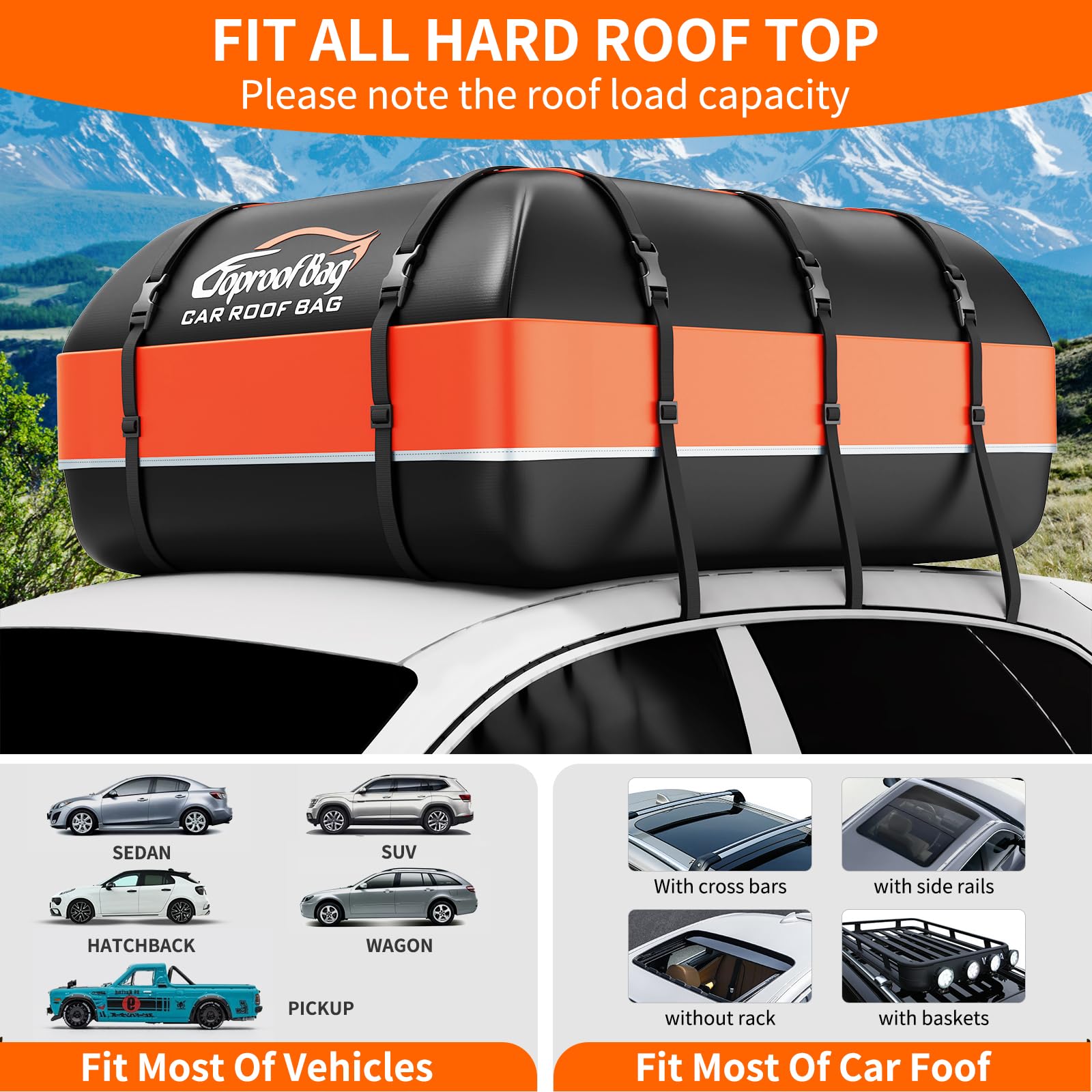 Car Roof Box, 21 Cubic Feet Roof Bag, 1000D Waterproof Heavy Duty Tear-Resistant Fabric, Rooftop Cargo Carrier for All Vehicle with/without Racks, Included Luggage lock, Anti-Slip Mat, 6 Door Hooks.