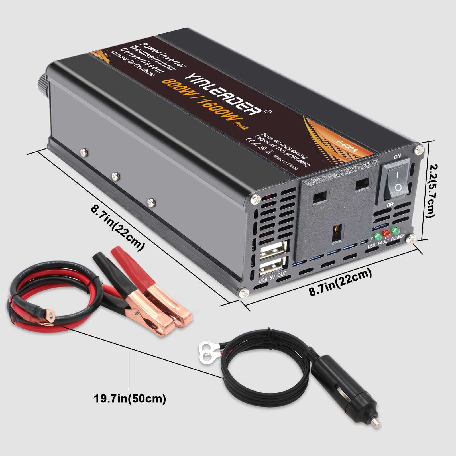 Yinleader Power Inverter 1600W DC 12V to AC 230V 240V Car Converter with UK AC Outlet and Dual USB Ports