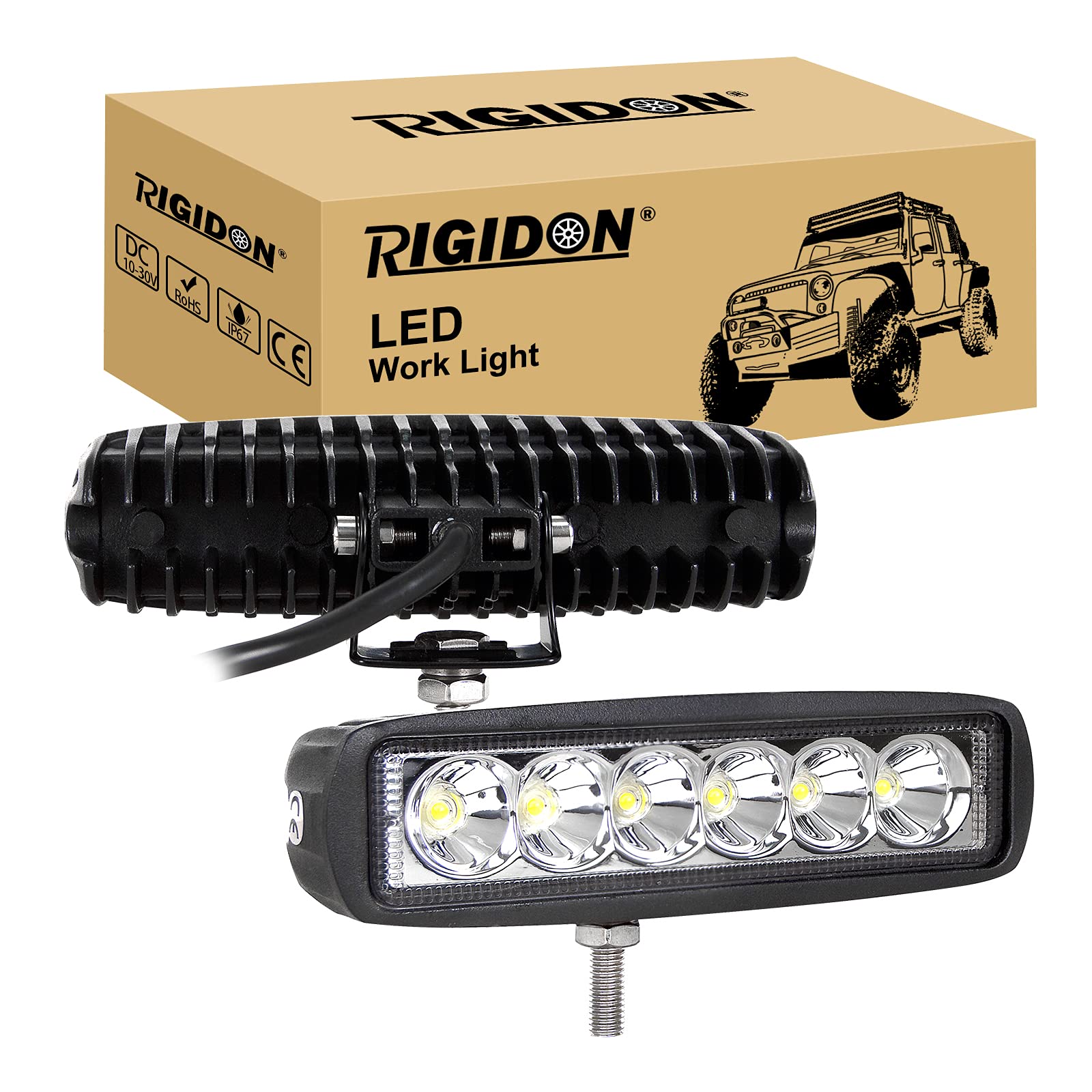RIGIDON 2 Pcs Led Work Light Bar, 6 inch 18W Flood Beam, 12V 24V Driving Lights Lamp for Car Off road Boat Truck 4x4 SUV ATV Tractors Excavator, 6000K White, Fog Lamp