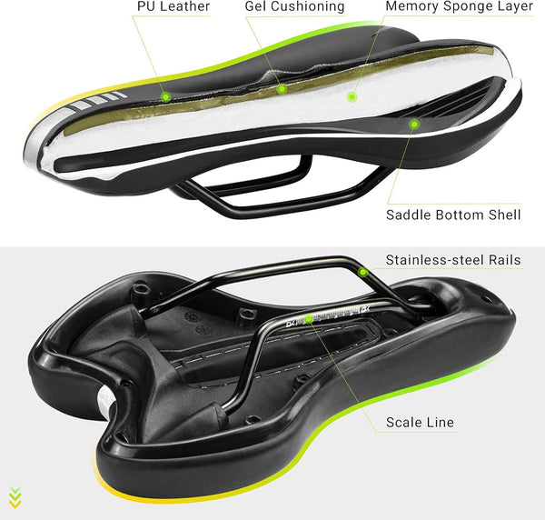 LERWAY Mountain Bike Saddle,Comfortable Bike Seat,Gel Bicycle Saddle,Waterproof Black Memory Sponge Cycling Seat,Breathable PU Leather Cycling Saddle