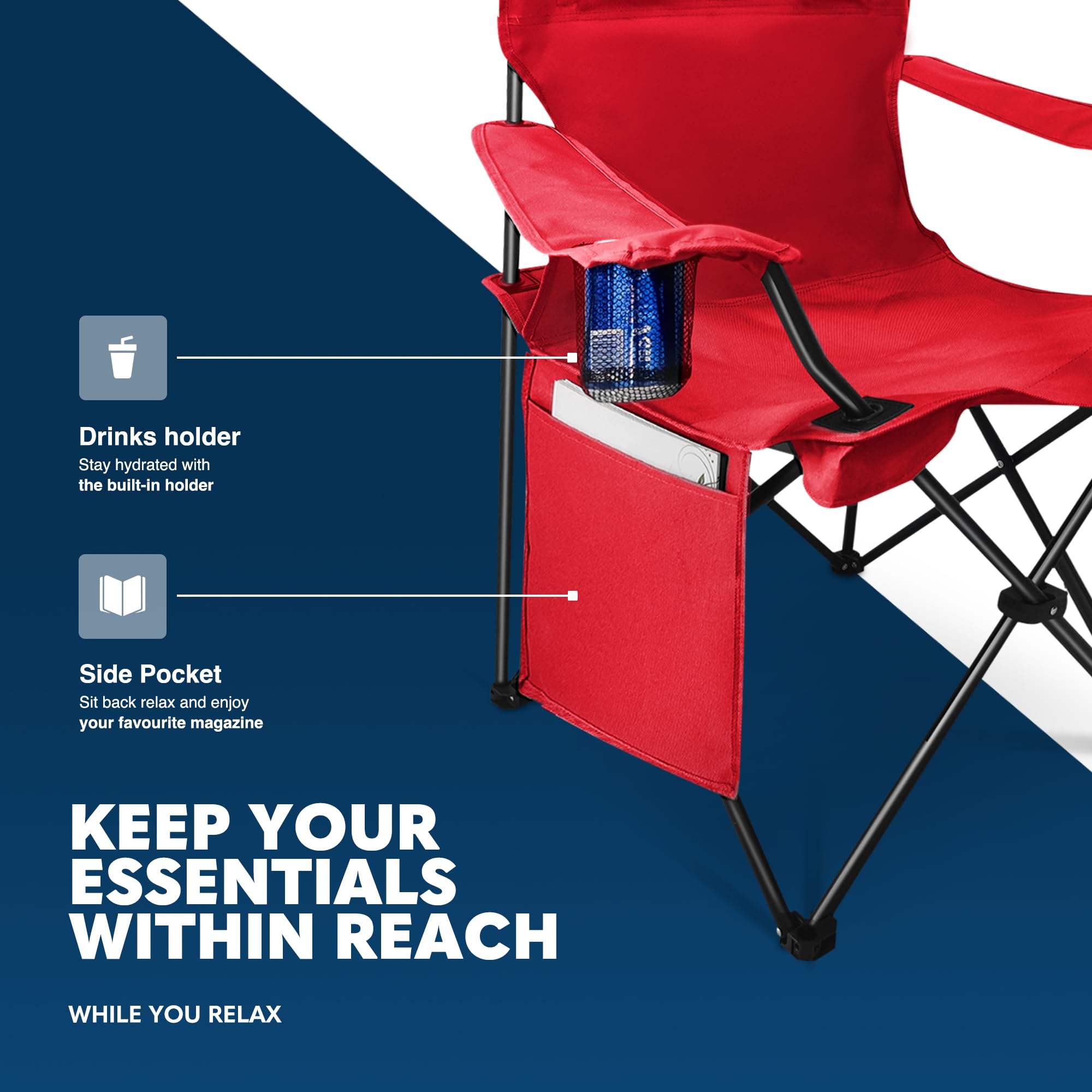 Voyager Folding Camping Chairs 2 Pack with Cooler Bag, Lightweight Q195 Steel Frame, 600D Oxford Fabric, Portable & Comfortable - Black (Black, Padded)