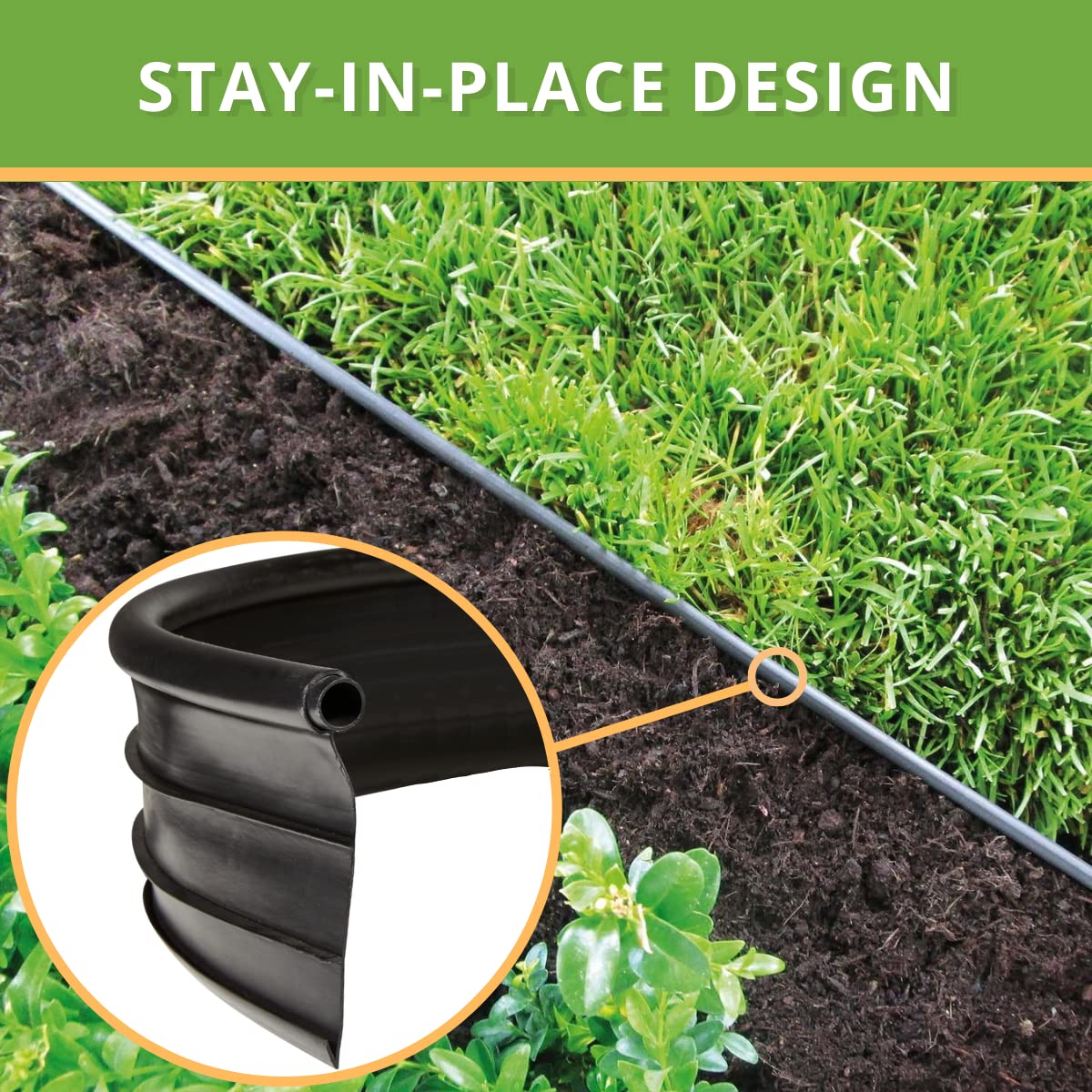 Elastic Lawn Edging with Round Top Bead (12 m Black) - Durable Stay-in-Place Design - Easy Installation, Weather Resistant - Ideal for Curves &