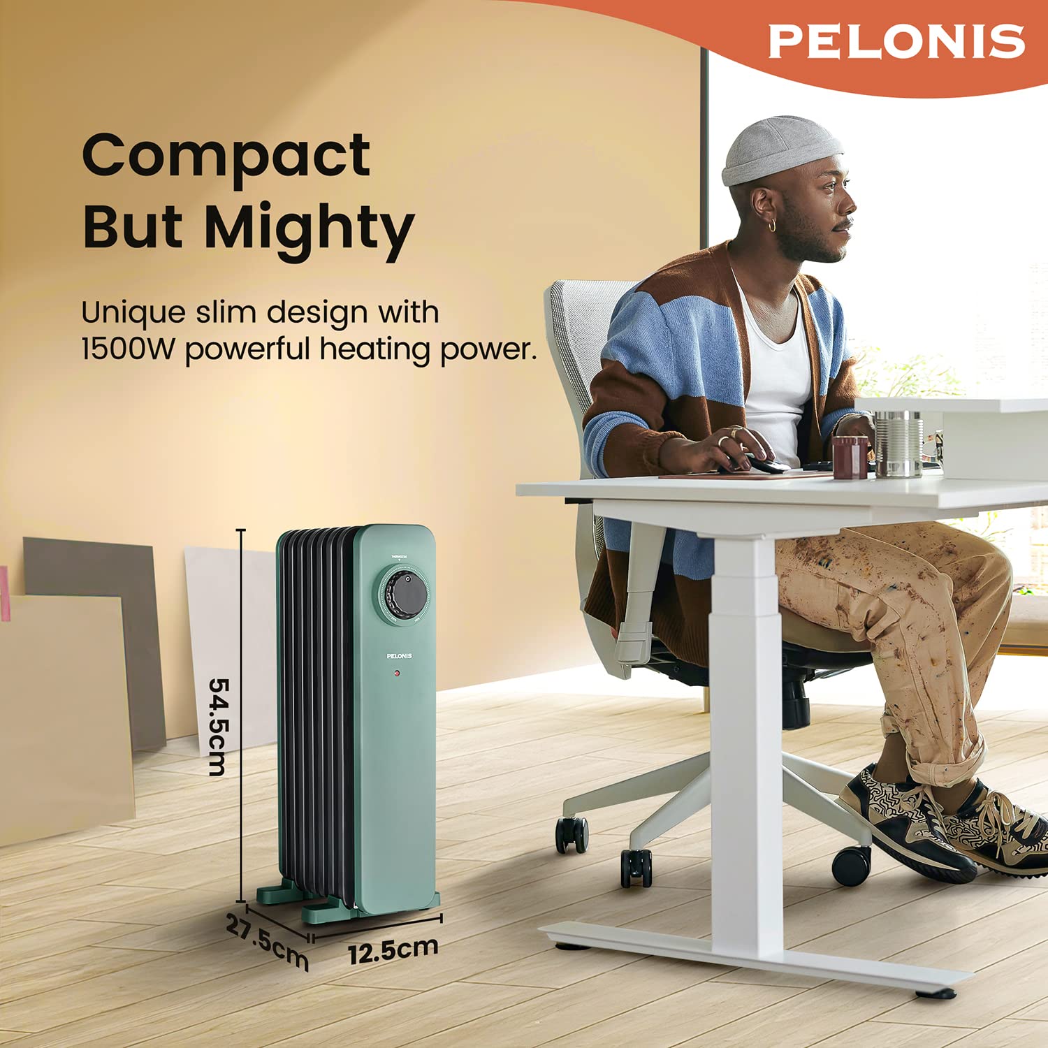 PELONIS Electric Radiator with Adjustable Thermostat and 3 Heat Settings, Oil Filled Heater with Overheat Protection (2500W, Knob Control)