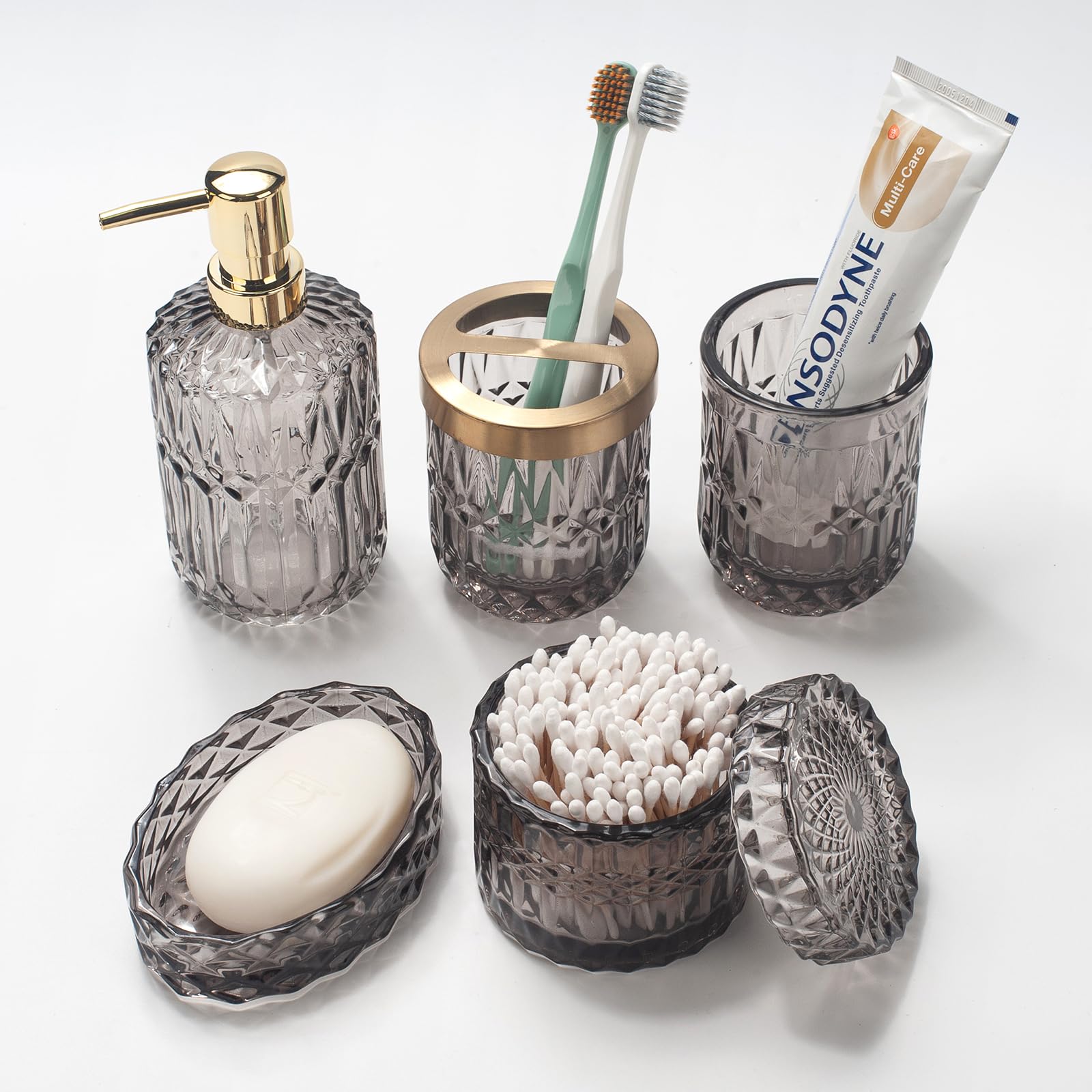 5PCS Grey Glass Bathroom Accessories Sets of Lotion Dispenser, Soap Dish, Toothbrush Holder, Tumbler, Cotton Swab Jars, Modern Bath Decor, Vintage