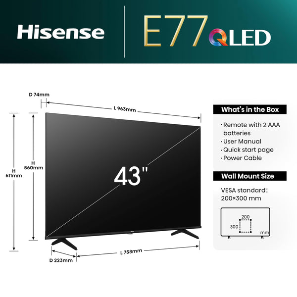 Hisense 55 Inch 4K QLED Smart TV 55E77NQTUK - Quantum Dot Colour, 4K AI Processor, Dolby Vision Atmos, Smooth Motion, Sports Mode, Vidaa OS with Freely, Youtube, Netflix and Disney+ (2024 Model)