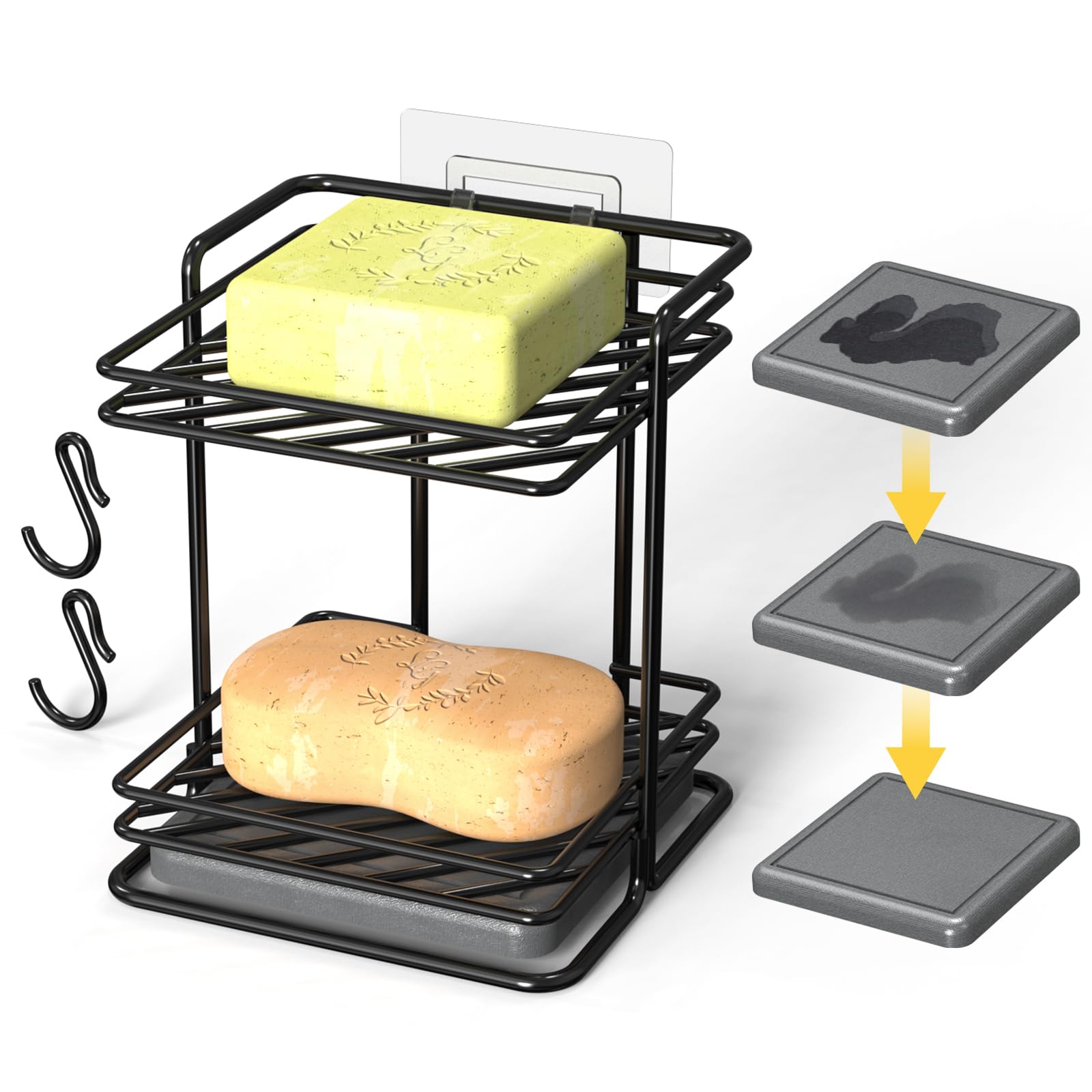 NiHome 2-Tier Soap Holder with Diatomite Mat, Rustproof Metal Shower Organizer for Bar Soap, Shampoo Bars, Sponges, Skincare, Fast-Drainage Open Slot