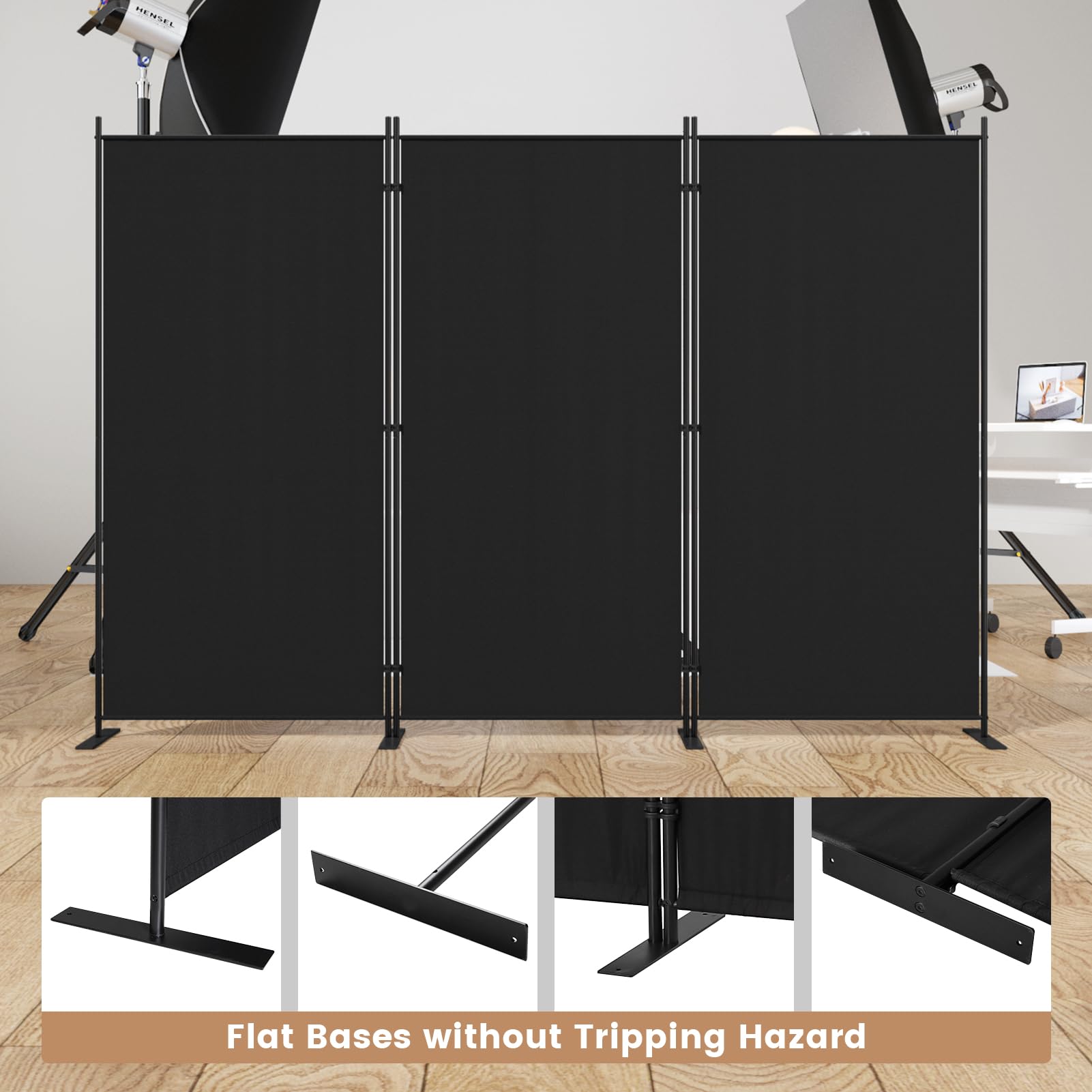 C-Hopetree 6 Panels Room Divider, 180cm Tall Indoor Folding Privacy Screen, Portable Partition Separator, Freestanding Separation Temporary Wall for Office, Bedroom, 304cm W X 180cm H, Black