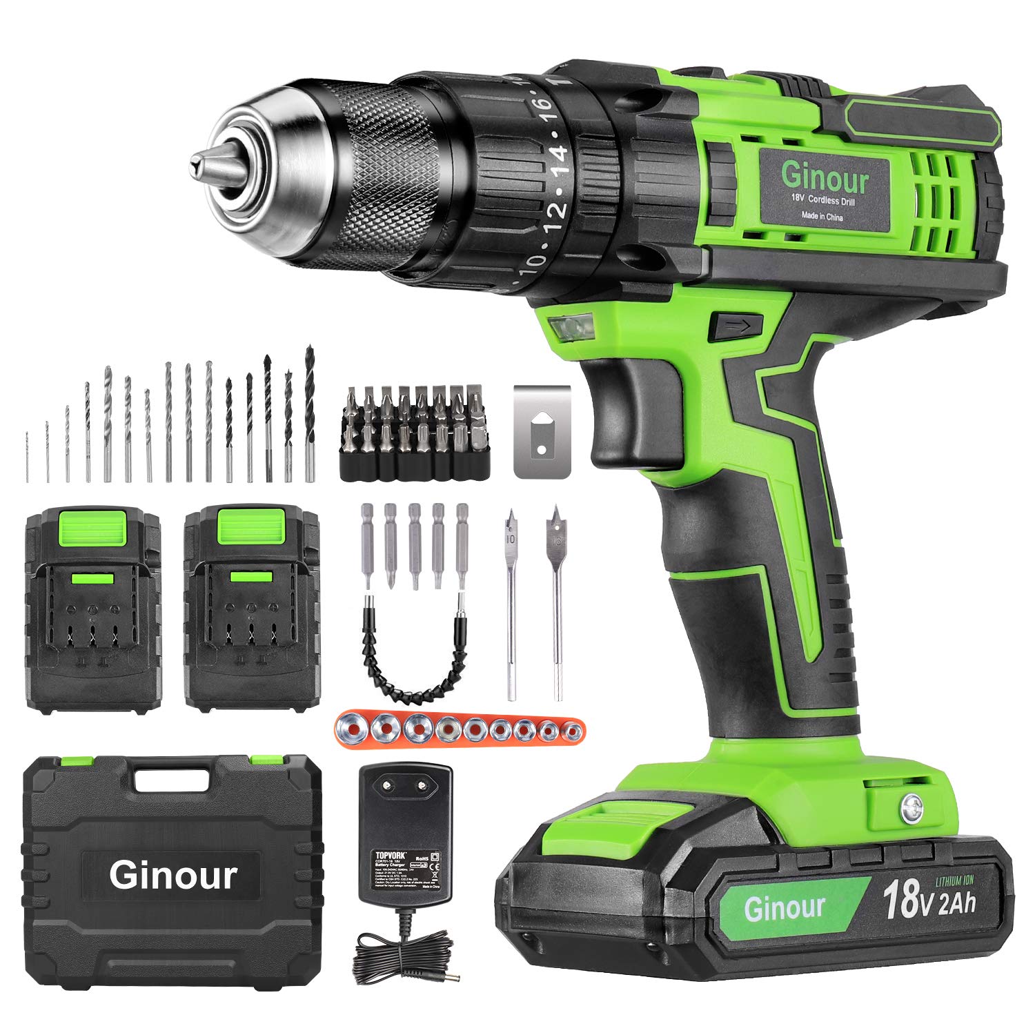 Ginour 21V Brushless Cordless Combi Drill Set, 2x1.5Ah, Hammer Drill 50Nm, compatible with Makita 18V Battery, 23+3 Torque, 2 Speed, 48PCS Electric Screwdriver kit, Impact drill for Masonry Wood Metal