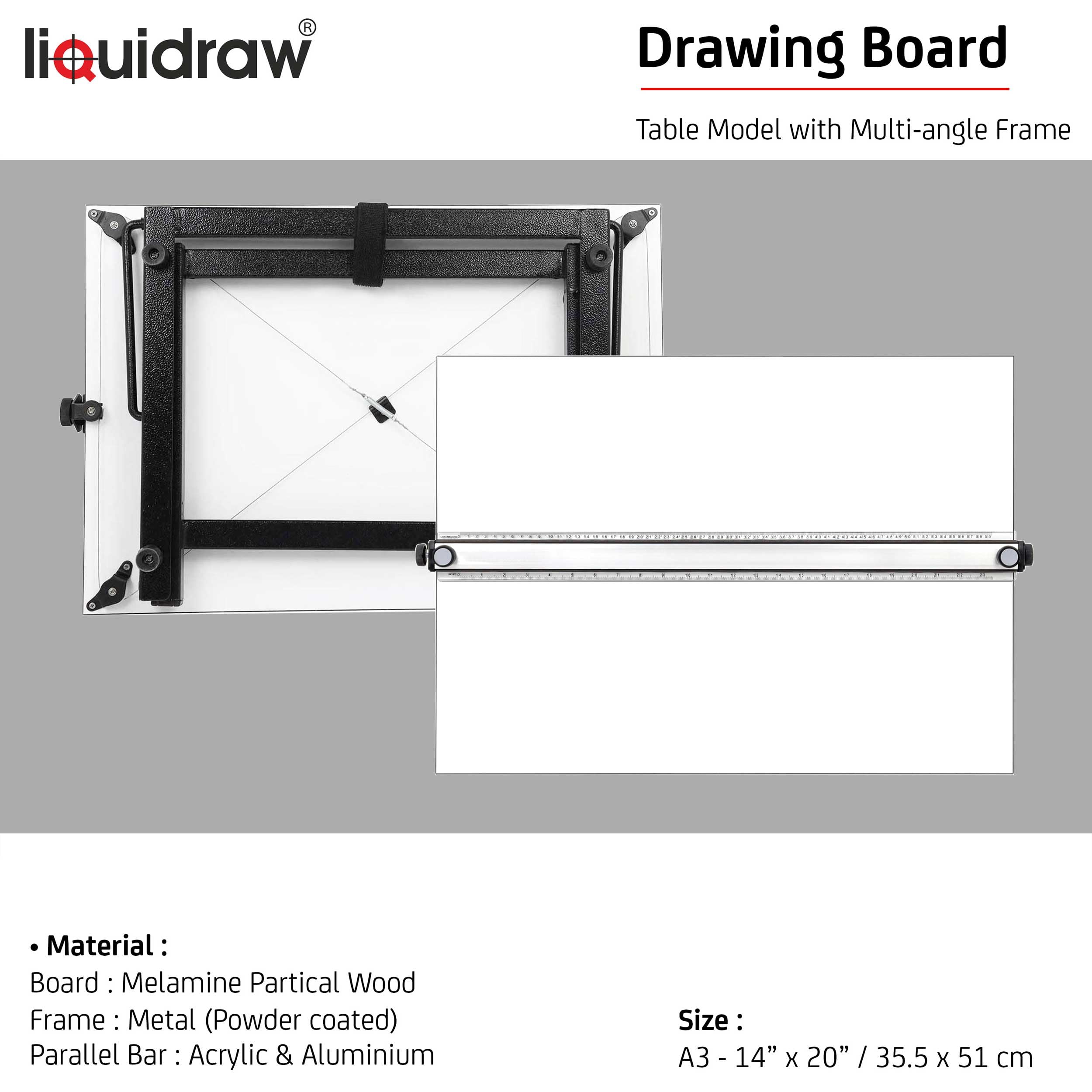 Liquidraw A3 Drawing Board Parallel Motion, Table Model with 5 Adjustable Working Angles, Includes Drawing Board Clips & Set Square