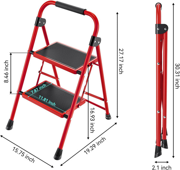 KINGRACK Folding 3-Step Ladder with Non-Slip Pedals, Sturdy Steel, Lightweight & Portable, Red