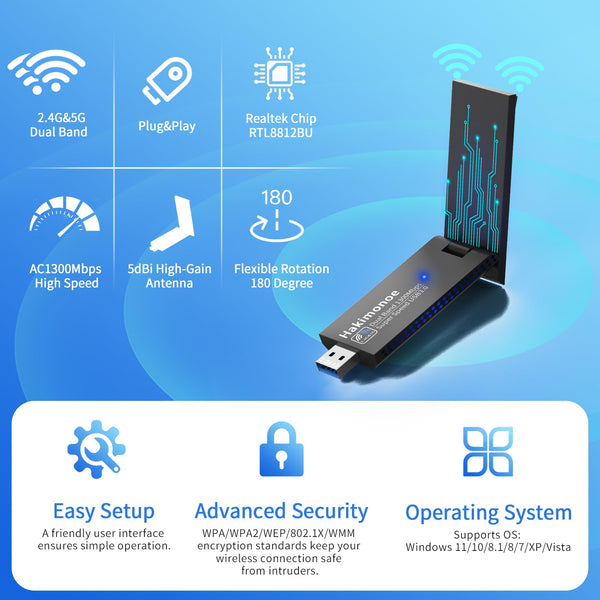 AC1300 USB 3.0 WiFi Adapter for PC, Super-Fast Wireless Network Card Dongle High Gain 5dBi Antenna Dual Band 2.4G/5GHz w/USB Driver for Win 11 10 8.1 8 7 Laptop Desktop, Plug n Play