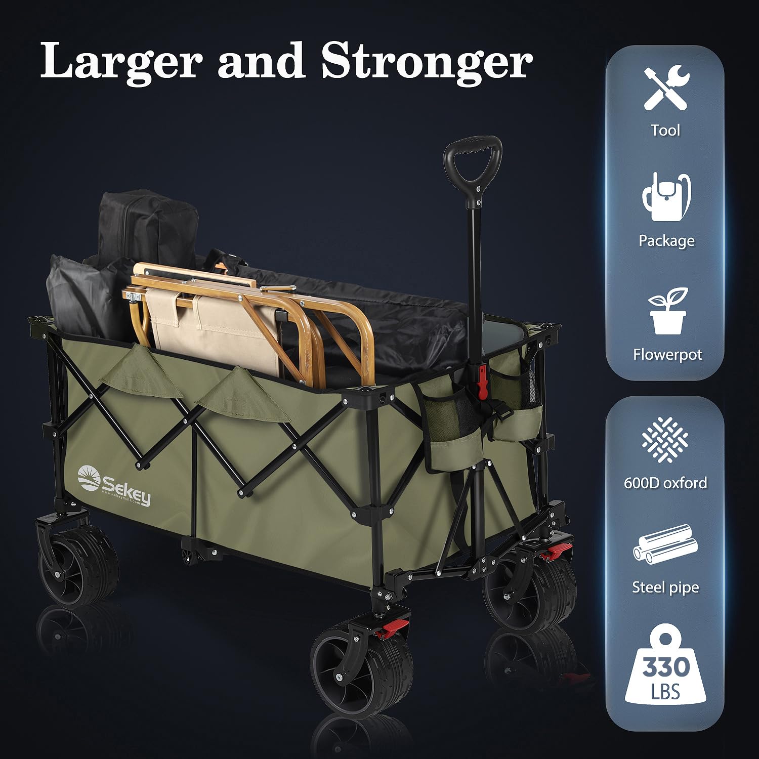 Sekey 200L Folding Festival Trolley with All-Terrain Extra Wide Wheels and Brake, Heavy-Duty Cart Loadable up to 150KG, Patented Four-Directional Foldable Design, Wagon for Beach Camping Outdoor, Grey