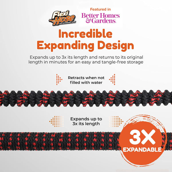Flexi Hose Upgraded Expandable Garden Hose Pipe Including 8 Function Spray Gun Nozzle - Extra Strength with 2 cm Solid Brass Fittings - No-Kink Flexible Garden Hoses (Orange/Black 15 Metres)