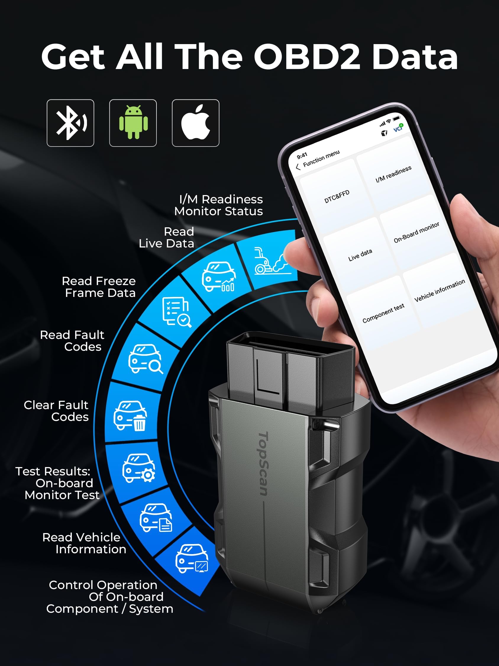 TOPDON Topscan OBD2 Scanner Bluetooth, Wireless OBD2 Code Reader with Active Test, 8 Reset, Car Diagnostic Tool for All System, Vehicle Performance Test for iPhone & Android, All Software 1 Year Free