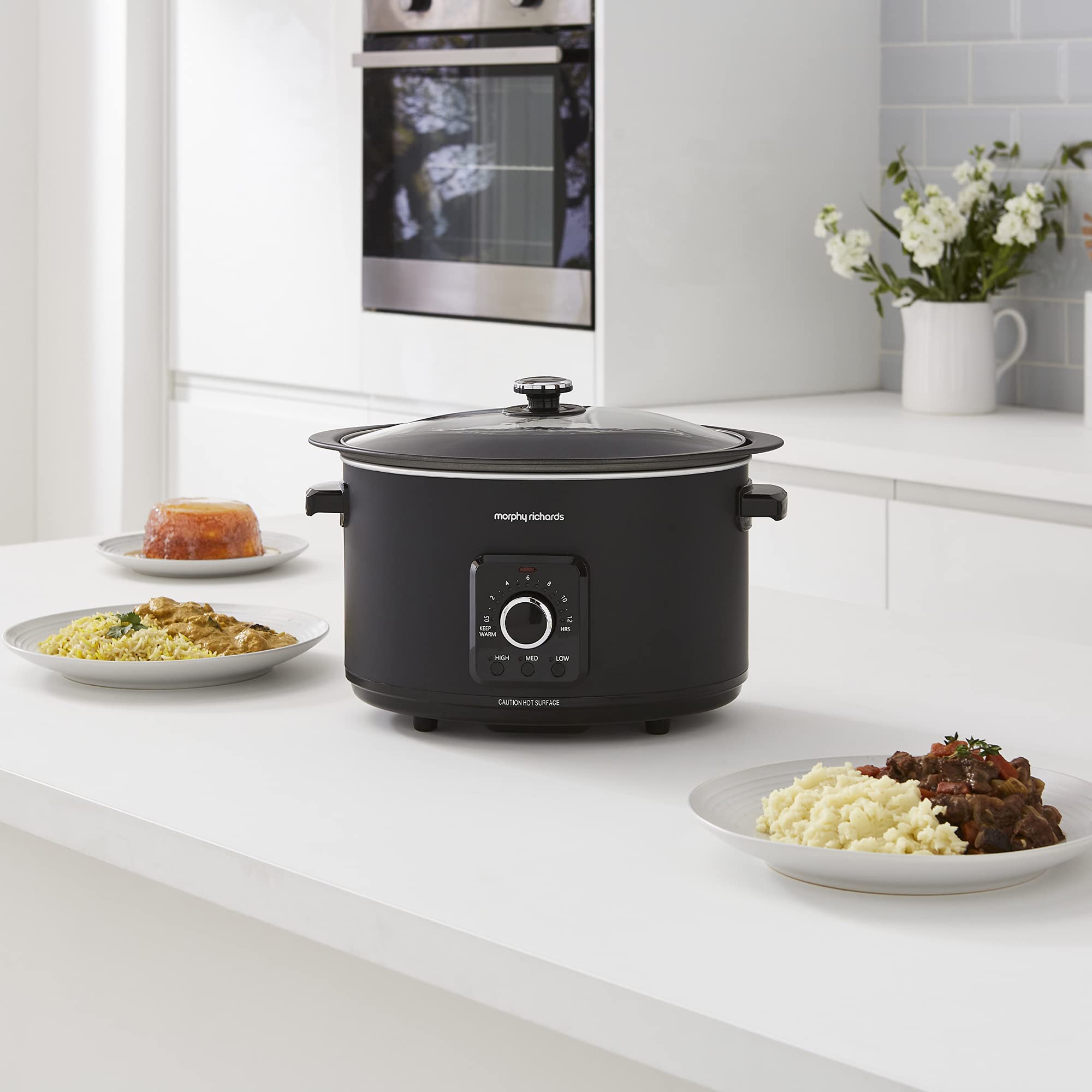 Morphy Richards 6.5L Easy Time Slow Cooker, Automatic Heat Settings, Keep Warm Mode, Hob Proof, Countdown Indicator, Dishwasher Safe Pot, Matte Black,