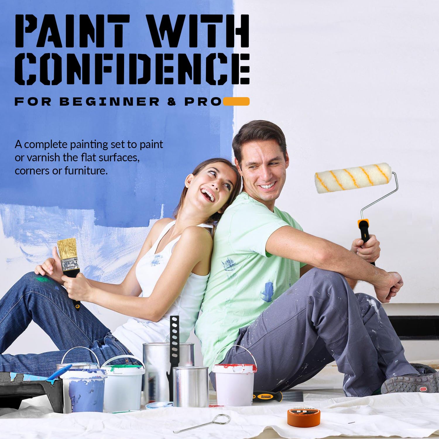 RAULDE 10 Pieces Paint Roller Set - Includes a Paint Tray, Brush, Large and Mini Rollers & Sleeves, Paint Repellent Masking Tape, Paint Mixer - Roller Set for Painting Walls, Edges & Ceilings