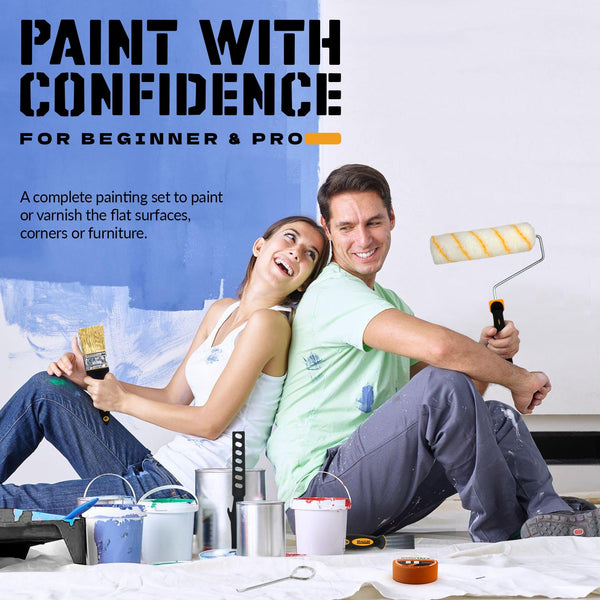 RAULDE 10 Pieces Paint Roller Set - Includes a Paint Tray, Brush, Large and Mini Rollers & Sleeves, Paint Repellent Masking Tape, Paint Mixer - Roller Set for Painting Walls, Edges & Ceilings