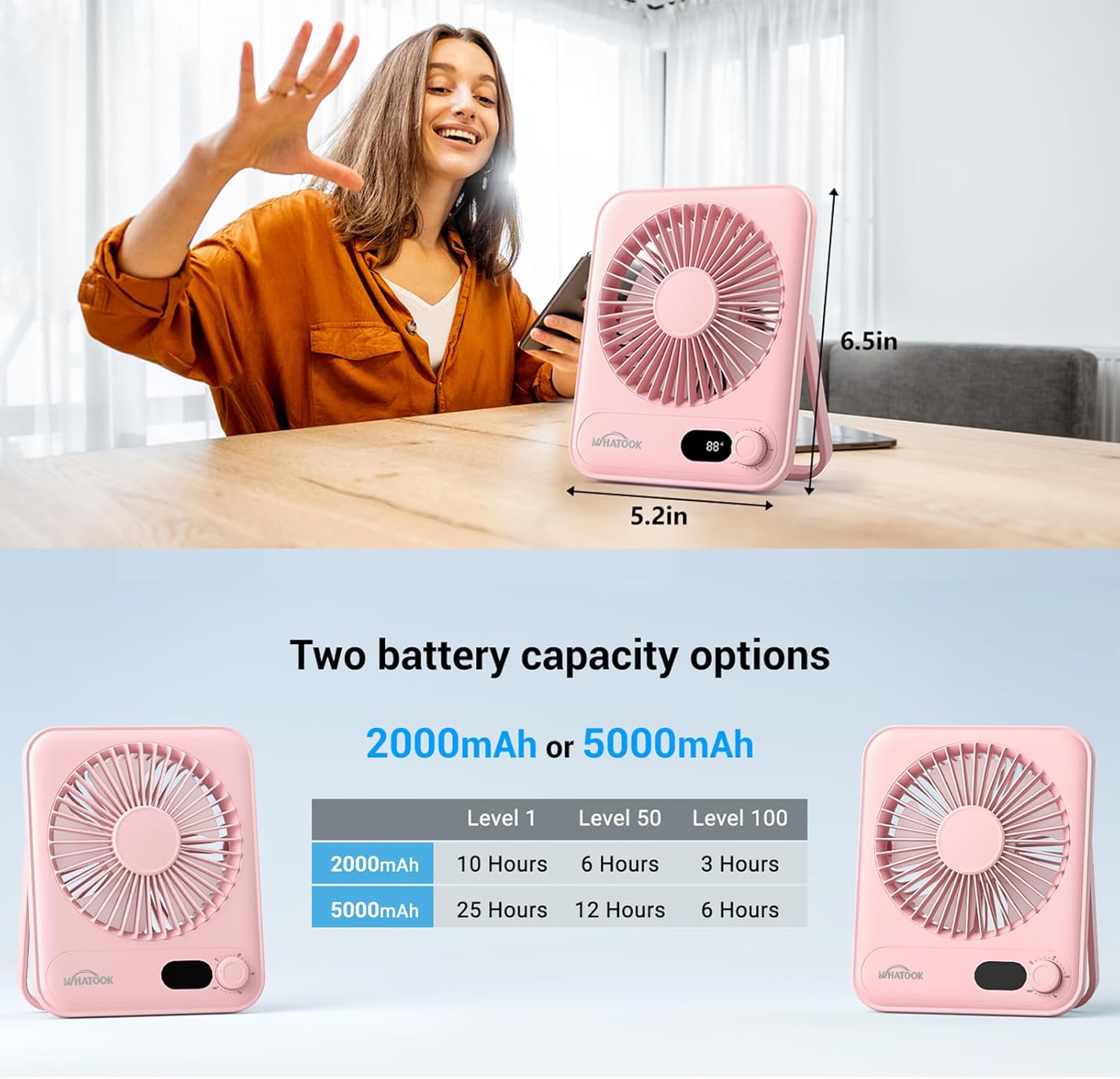 WHATOOK Mini Desk Fan USB: 2000mAh Rechargeable Ultra Quiet 1-100 Speeds Desktop Fans with LED Display, 3-10H Runtime, Child-Safe Grille Cooling Small Portable Table-Fan for Home, Office & Travel