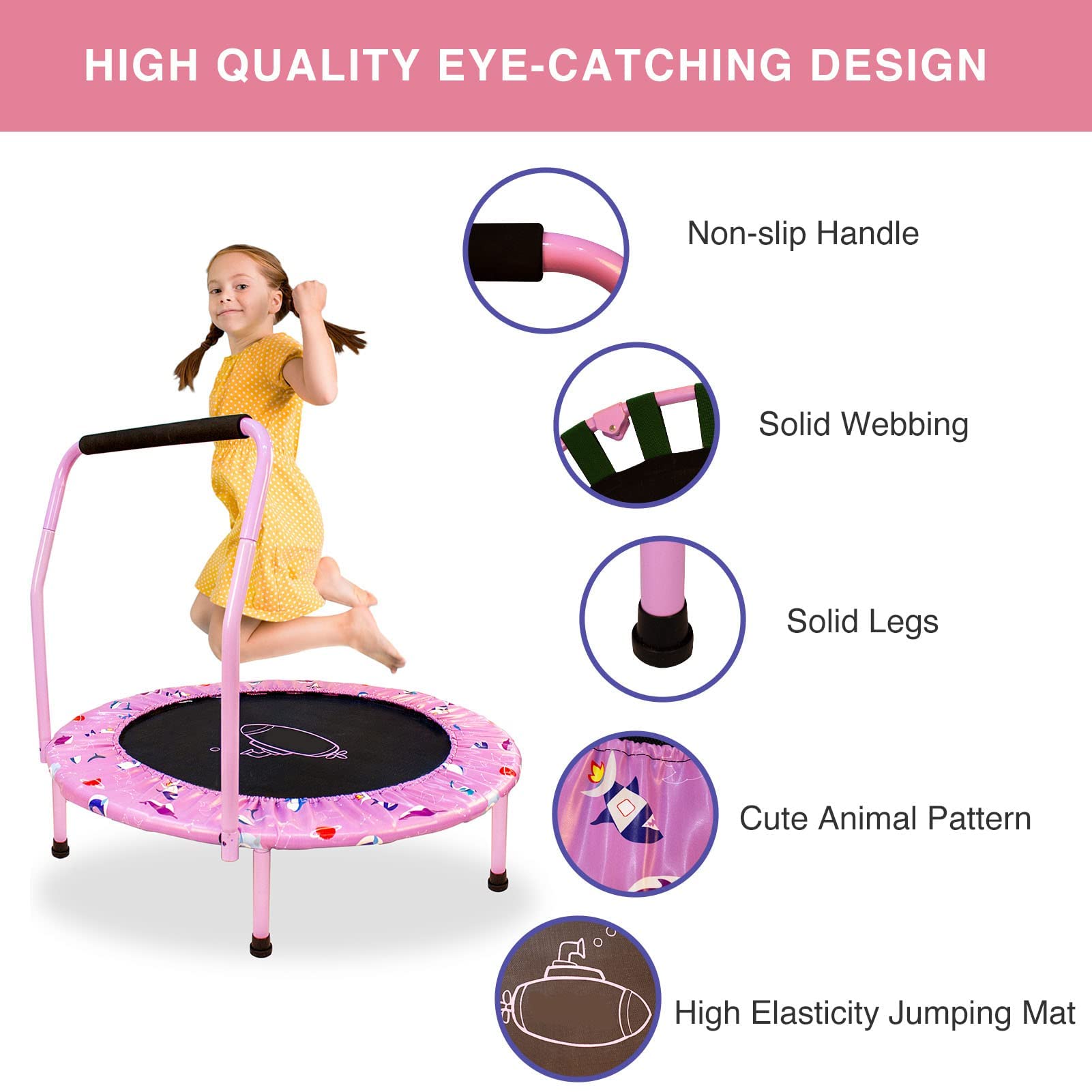 38'' Kids Trampoline with Foldable Bungee Rebounder and Safety Padded Cover Mini Trampoline for Indoor and Outdoor use (Purple)