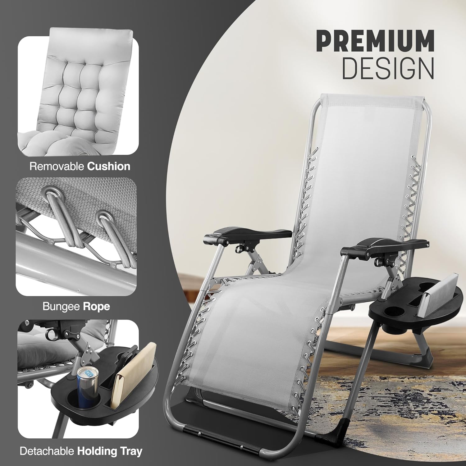 KEPLIN Square Tube Gravity Chair with Cushion – Extra-Wide 72cm Recliner, Adjustable Zero Gravity Lounger, Reinforced Frame, Supports 150kg, Premium Comfort for Indoor & Outdoor Relaxation – Black