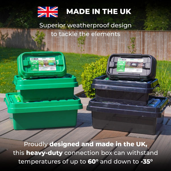 DRiBOX – Large IP55 Weatherproof Outdoor Electrical Connection Box 40 x 31 x 14.5cm – Power Cord Enclosure for Christmas Lights, Timers, Extension Cables, Leads, Reels, Transformers (Large, Black)