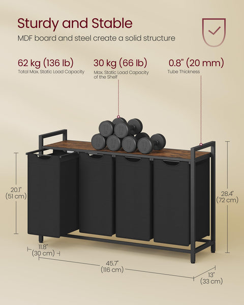 VASAGLE Laundry Basket, Laundry Hamper, Pull-Out and Removable Liner Bag, Shelf, Metal Frame, 65 L, 50 x 33 x 72 cm, Ink Black and Rustic Brown BLH101B01