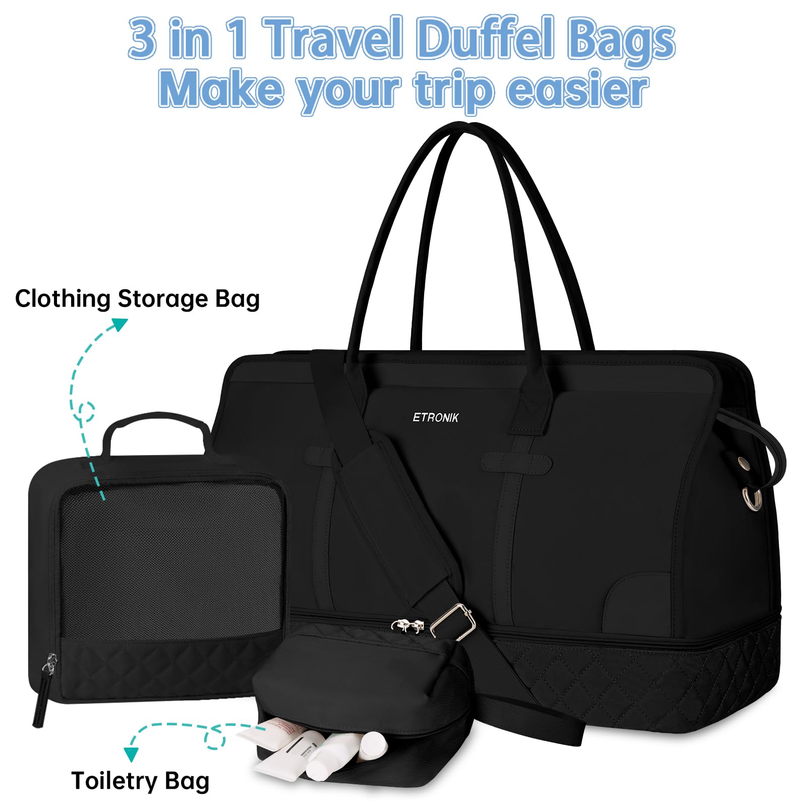 ETRONIK Weekend Overnight Bag for Women, Large Travel Duffle Bag with Shoe Compartment & Wet Pocket, Carry On Tote Bags Gym Duffel Bag with Toiletry Bags for Hospital 3 Pcs Set, Black