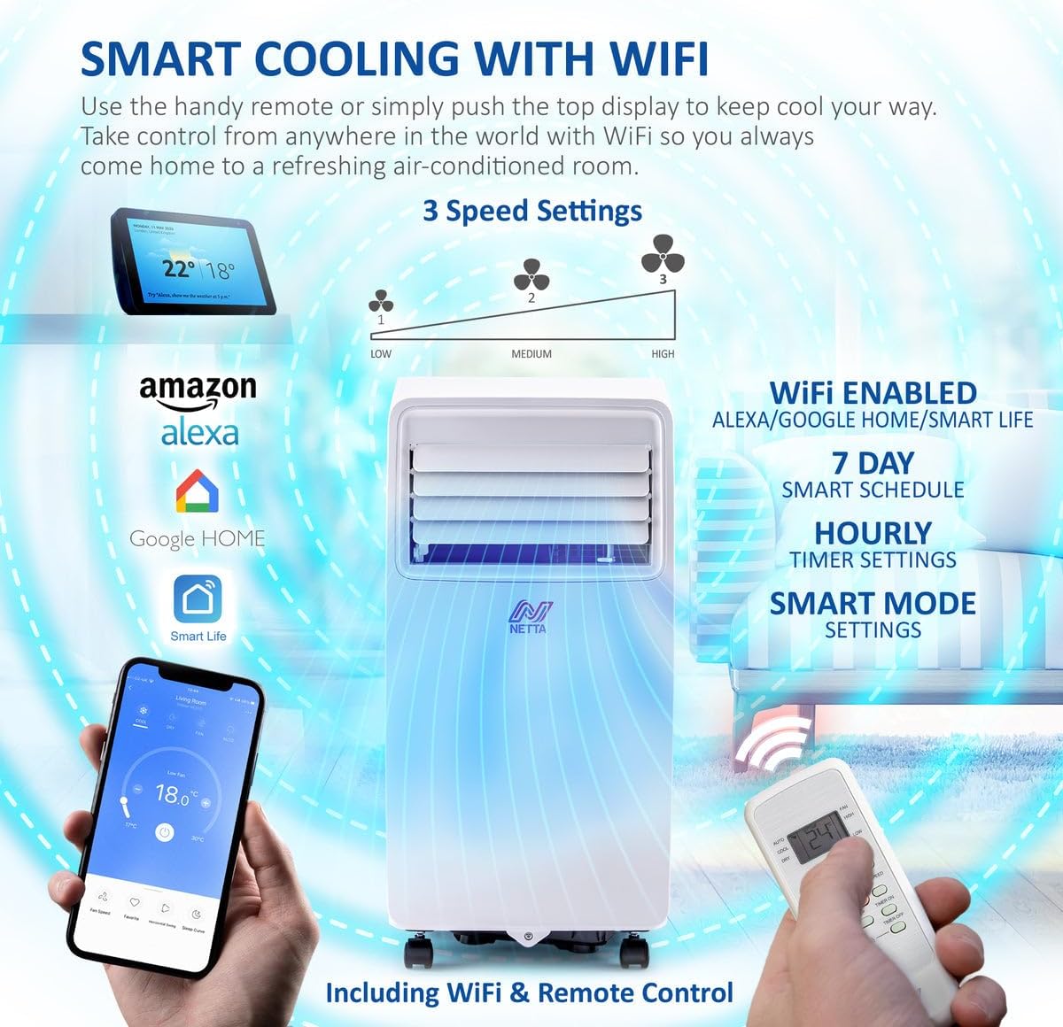 NETTA Portable Air Conditioner 3-IN-1 8000BTU, Dehumidifier, Cooling Fan - WiFi Smart App, 3 Speed Settings, Weekly Timer, Remote Control [Energy Class A] [Energy Class A]