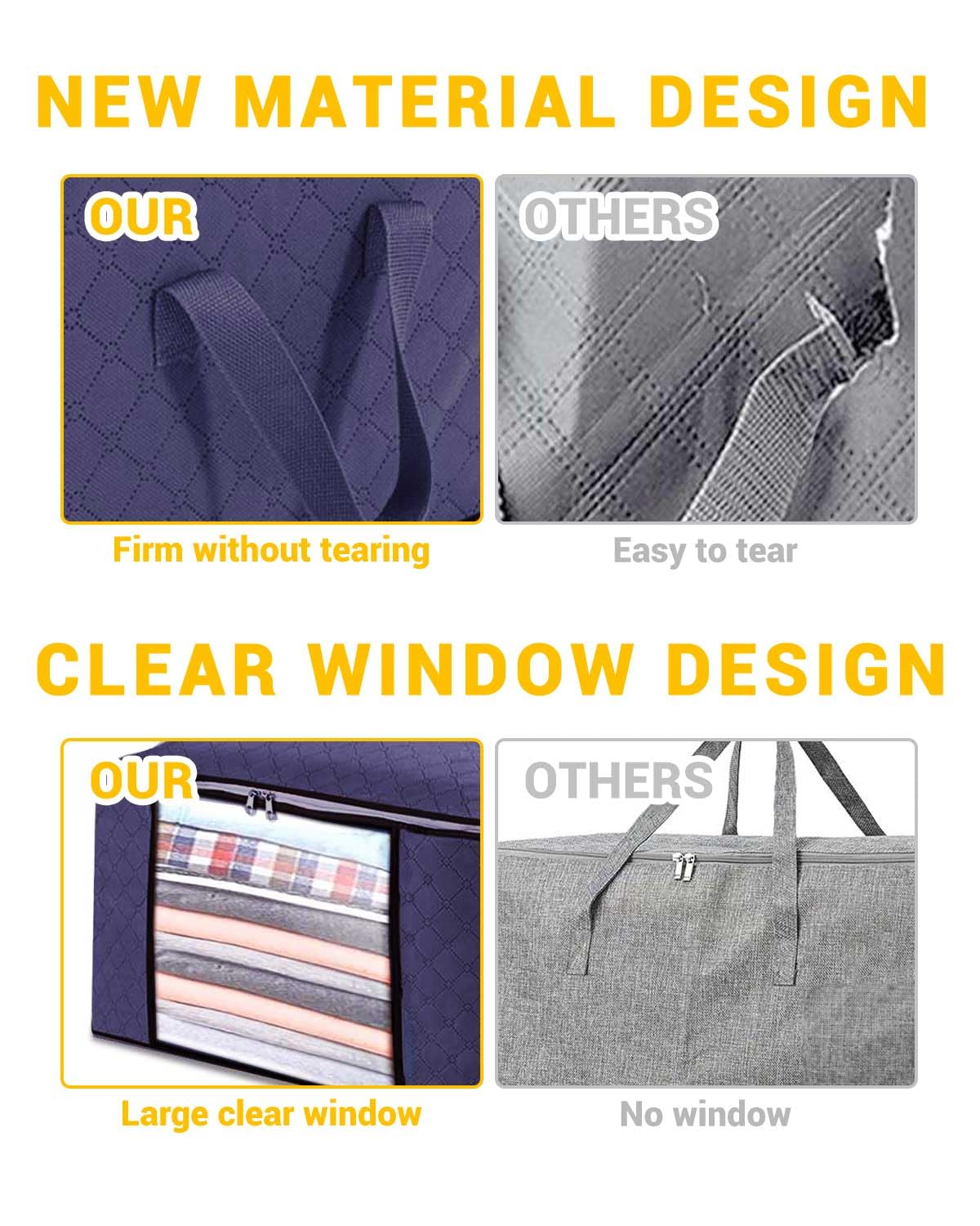 KALAHOL 90L Large Capacity Clothes Storage Bags with Zips, Storage Boxes with Lids, Reinforced Handle, Foldable, Thick Fabric, for Comforters, Clothes, Blankets, Bedding, 4 Pack, Dark Grey