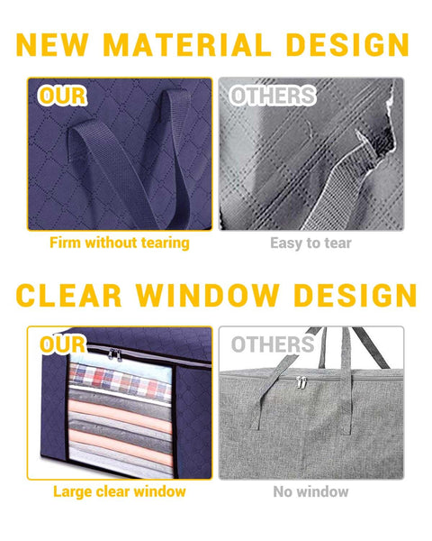 KALAHOL 90L Large Capacity Clothes Storage Bags with Zips, Storage Boxes with Lids, Reinforced Handle, Foldable, Thick Fabric, for Comforters, Clothes, Blankets, Bedding, 4 Pack, Dark Grey